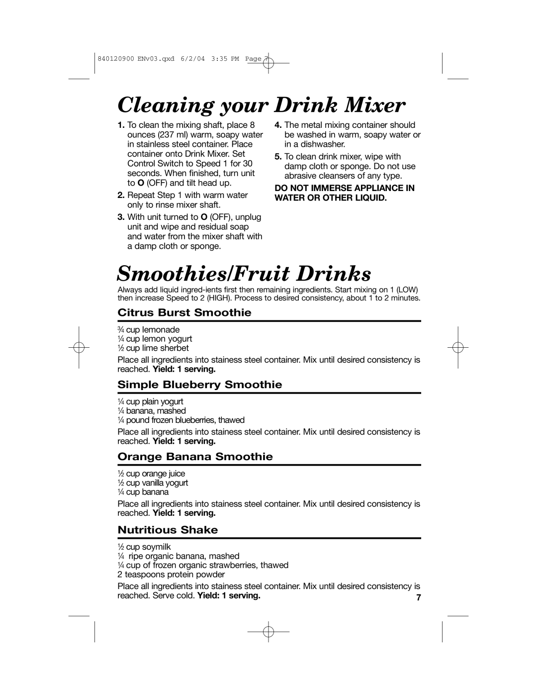 Hamilton Beach ALL-METAL DRINK MIXER manual Cleaning your Drink Mixer, Smoothies/Fruit Drinks, Citrus Burst Smoothie 