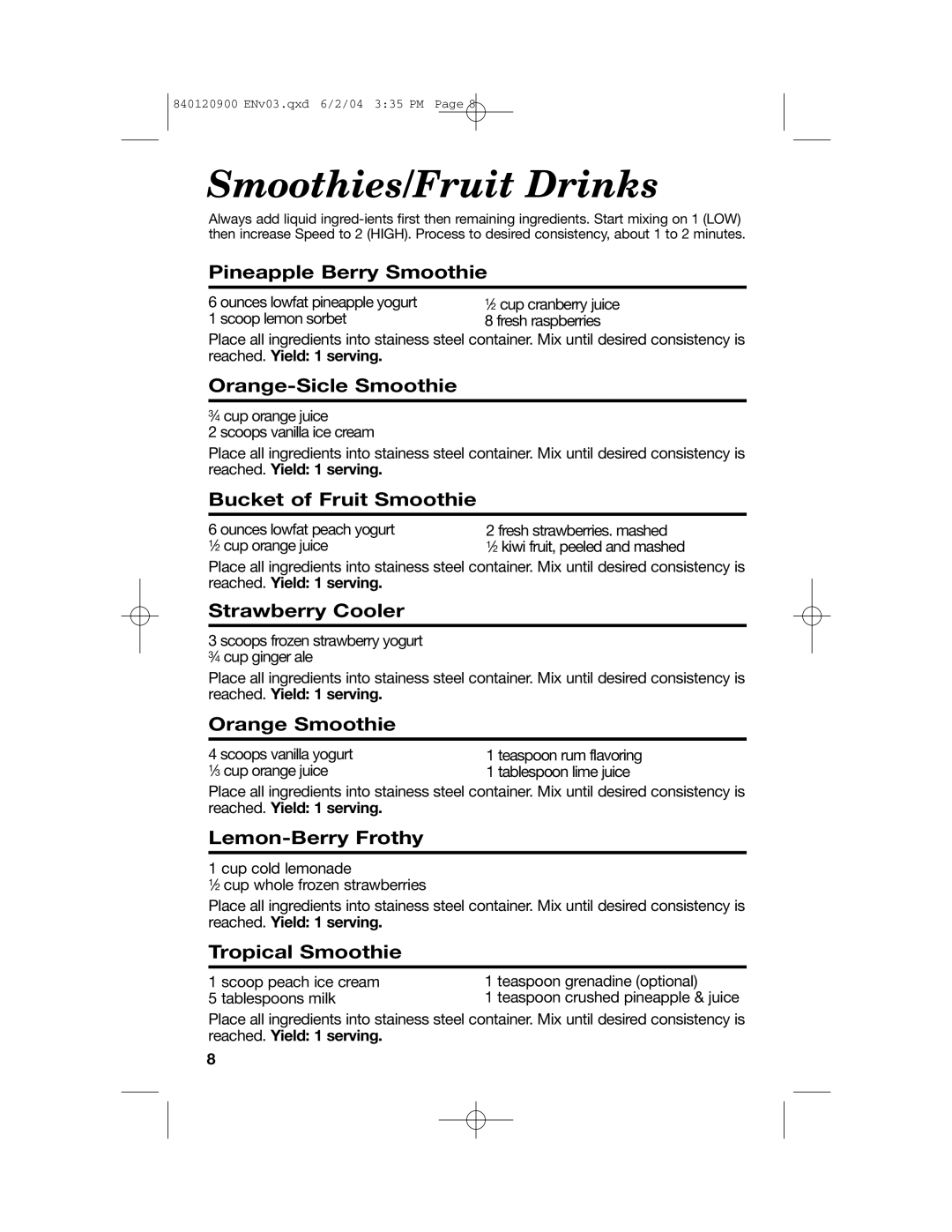 Hamilton Beach ALL-METAL DRINK MIXER manual Pineapple Berry Smoothie, Orange-Sicle Smoothie, Bucket of Fruit Smoothie 