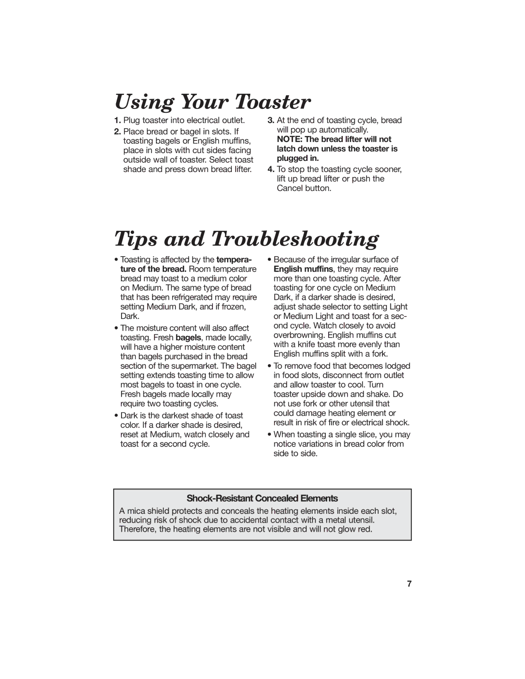 Hamilton Beach All-Metal Toaster manual Using Your Toaster, Tips and Troubleshooting 