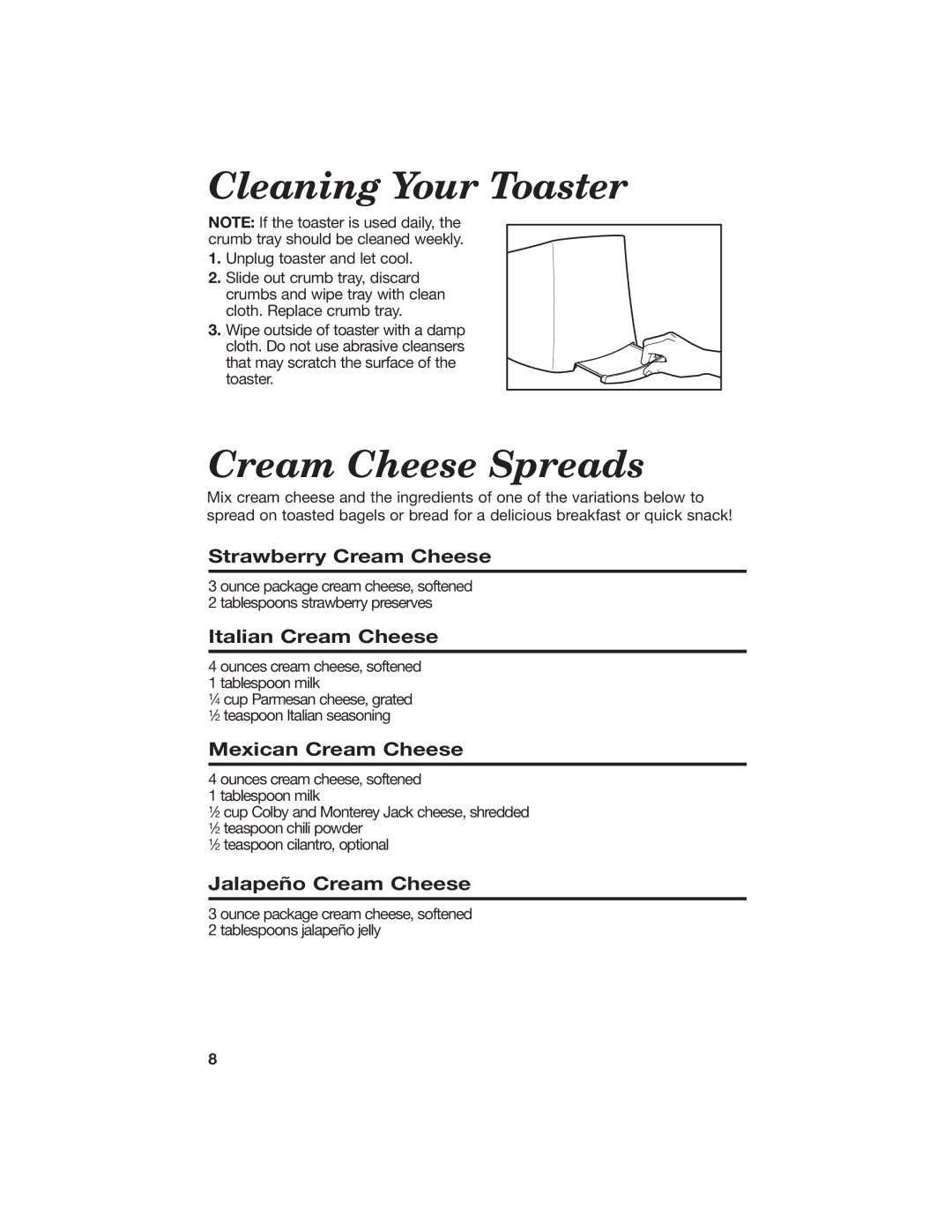 Hamilton Beach All-Metal Toaster manual Cleaning Your Toaster, Cream Cheese Spreads 