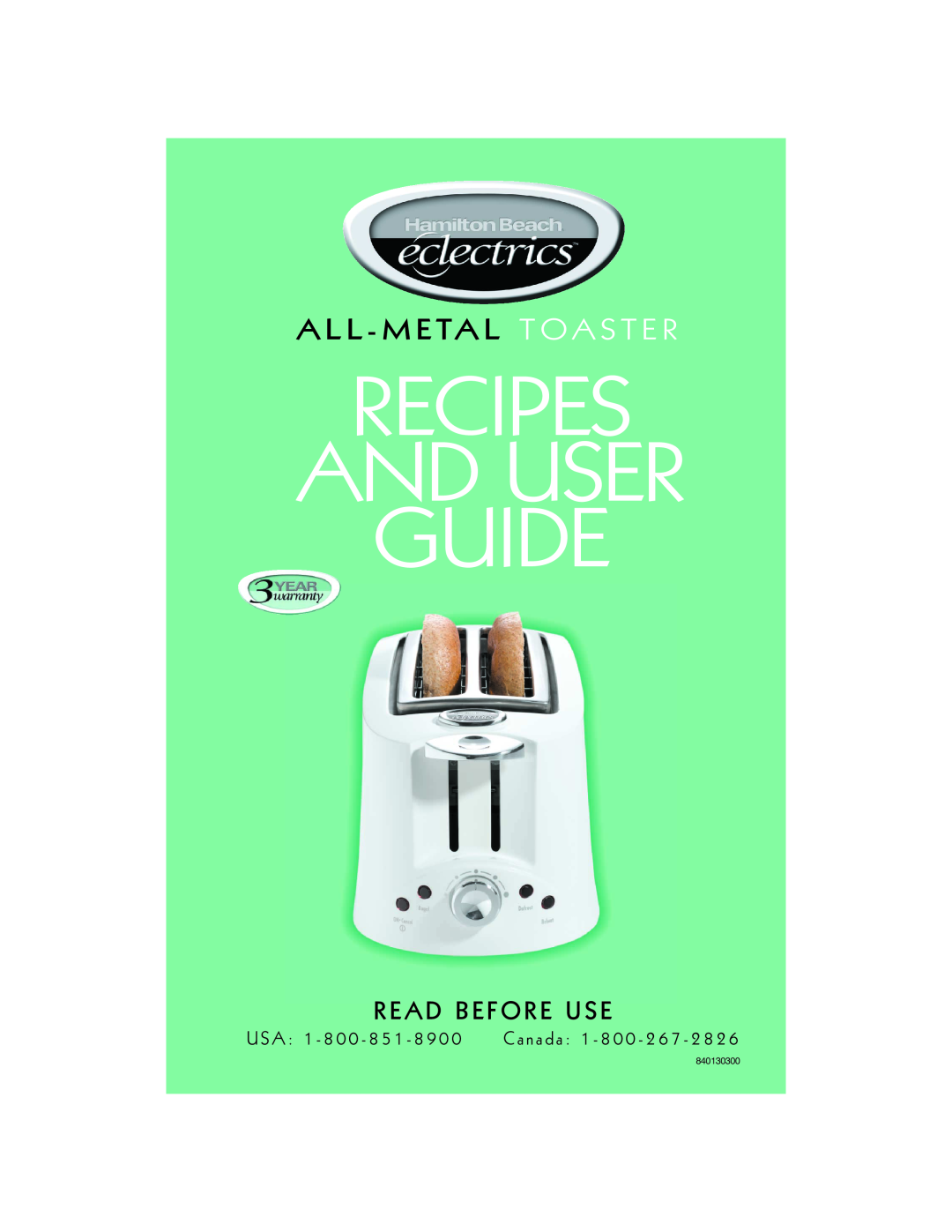 Hamilton Beach All-Metal Toaster manual Recipes And User Guide, A L L - M E Ta L T O A S T E R, R E A D B E F O R E U S E 