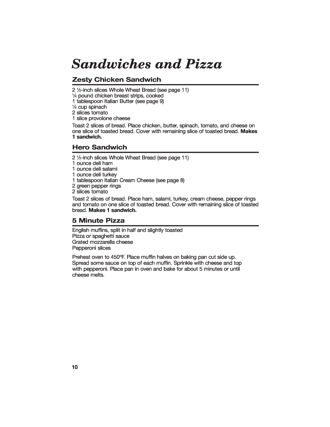 Hamilton Beach All-Metal Toaster manual Sandwiches and Pizza, Zesty Chicken Sandwich, Hero Sandwich, Minute Pizza 