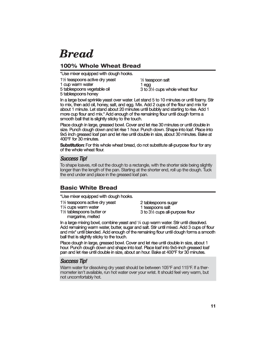 Hamilton Beach All-Metal Toaster manual 100% Whole Wheat Bread, Basic White Bread, Success Tip 