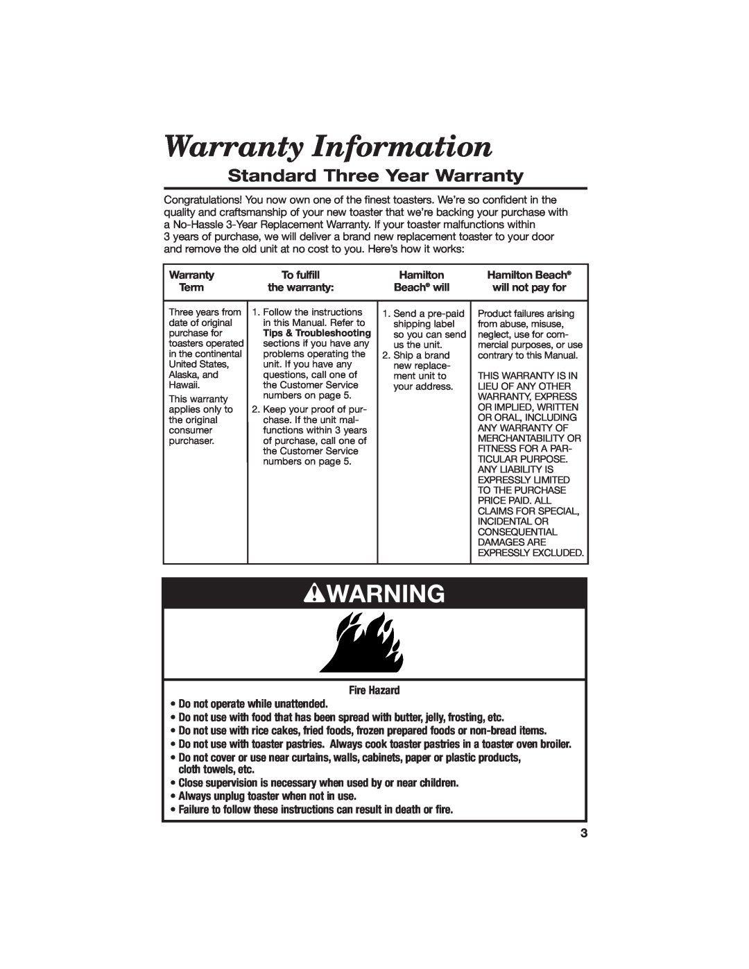 Hamilton Beach All-Metal Toaster manual Warranty Information, wWARNING, Standard Three Year Warranty 