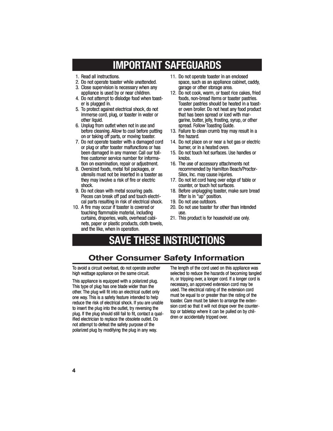 Hamilton Beach All-Metal Toaster manual Important Safeguards, Save These Instructions, Other Consumer Safety Information 