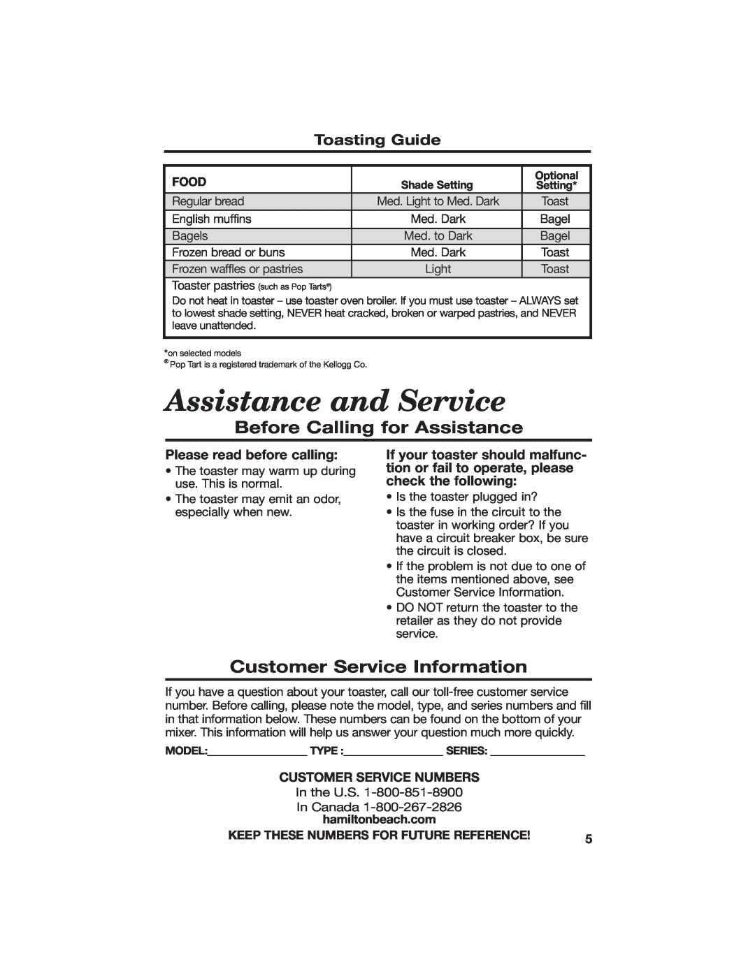 Hamilton Beach All-Metal Toaster manual Assistance and Service, Before Calling for Assistance, Customer Service Information 