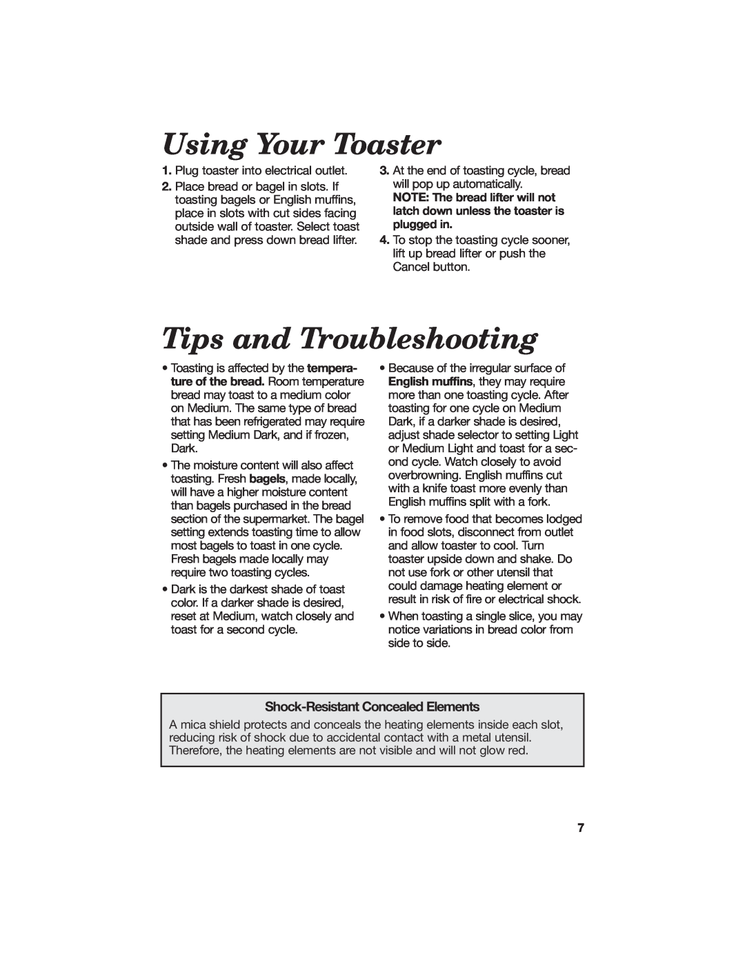 Hamilton Beach All-Metal Toaster manual Using Your Toaster, Tips and Troubleshooting, Shock-Resistant Concealed Elements 
