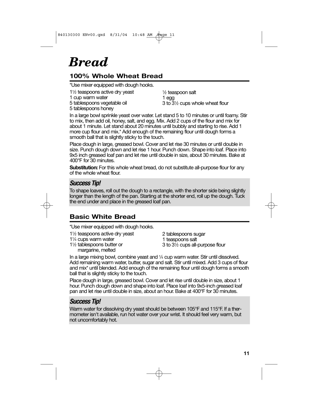 Hamilton Beach All-Metal Toasters manual 100% Whole Wheat Bread, Basic White Bread 