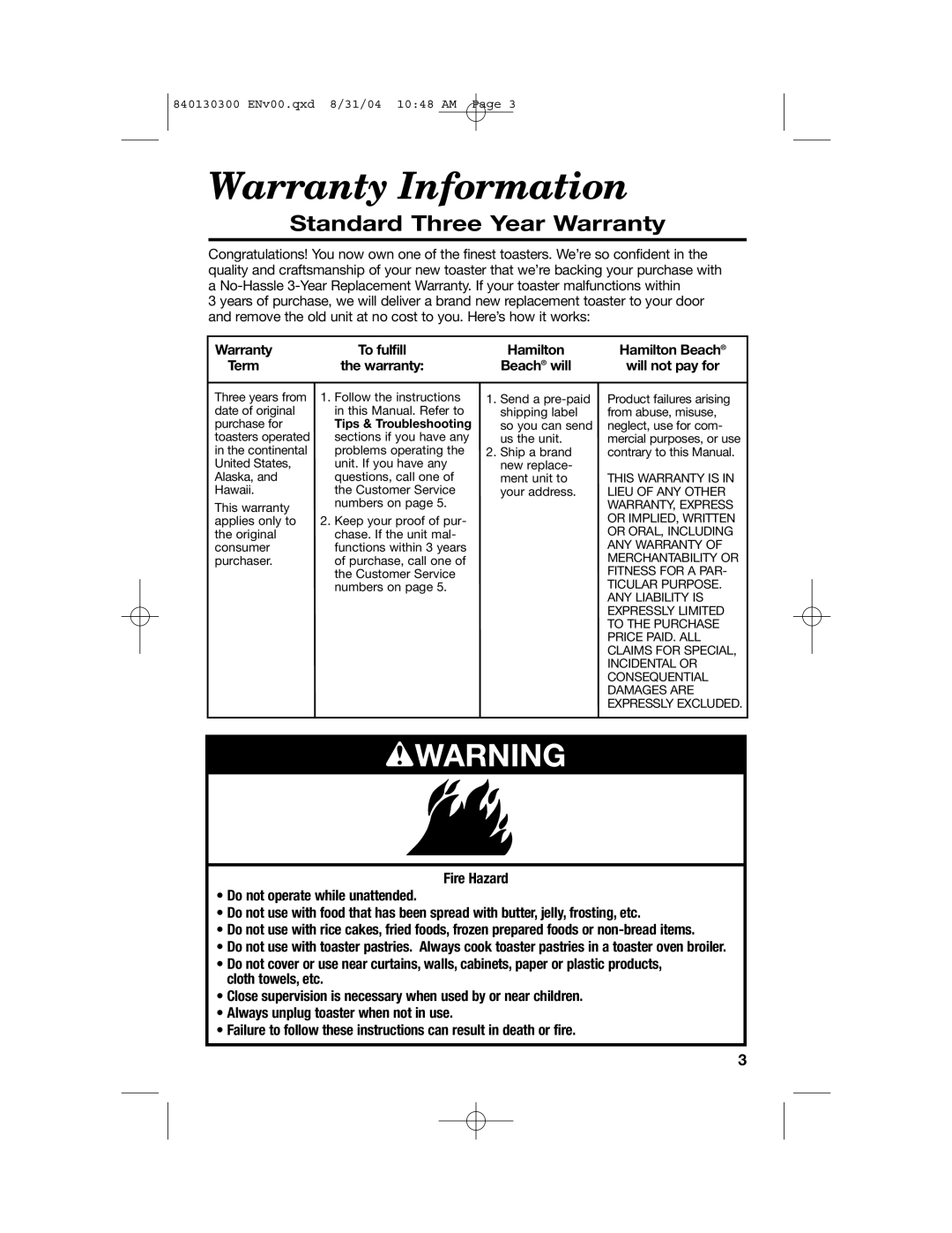 Hamilton Beach All-Metal Toasters manual Warranty Information, Standard Three Year Warranty 