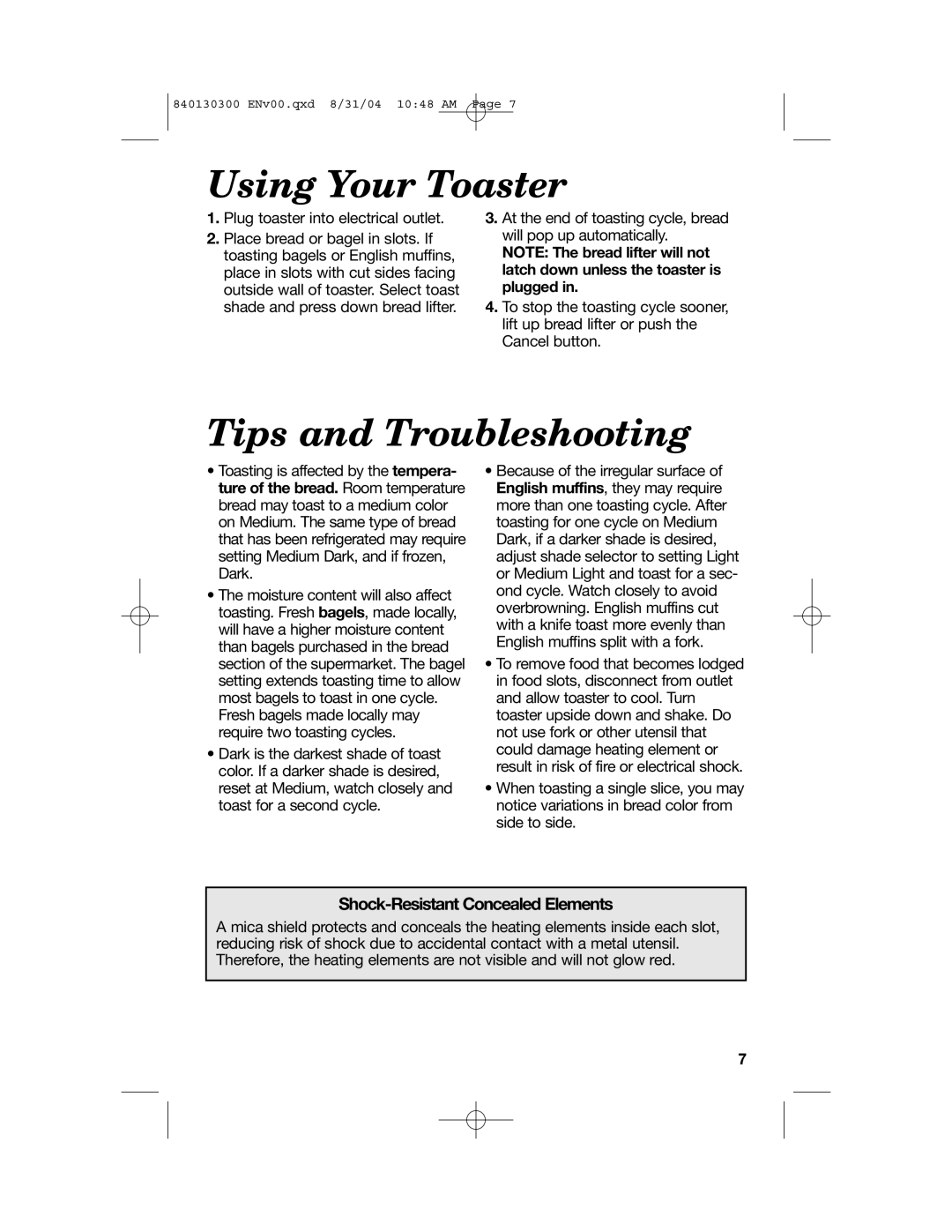 Hamilton Beach All-Metal Toasters manual Using Your Toaster, Tips and Troubleshooting 