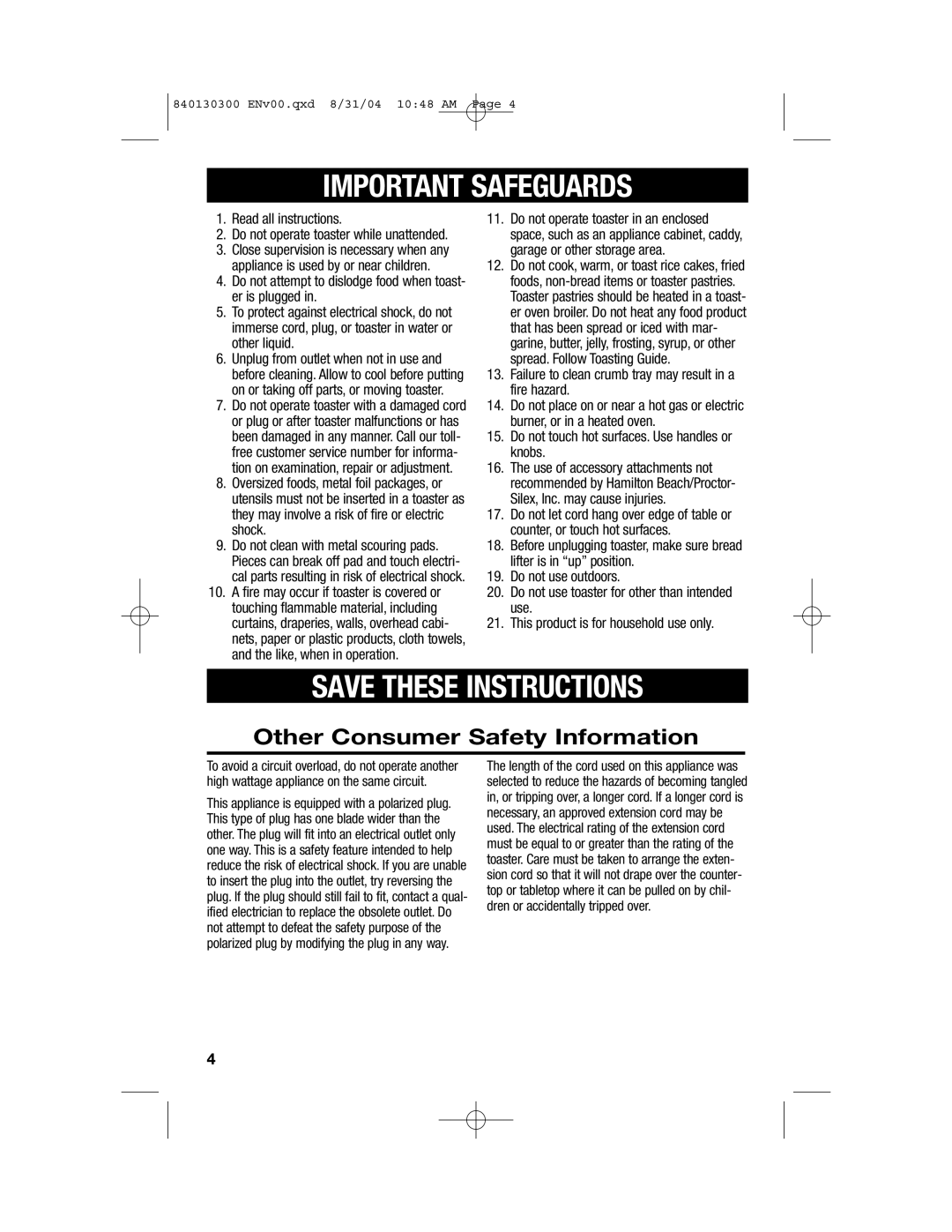 Hamilton Beach All-Metal Toasters manual Important Safeguards, Save These Instructions, Other Consumer Safety Information 