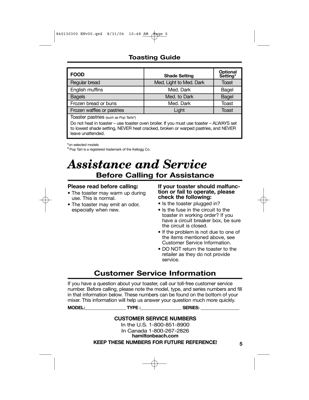 Hamilton Beach All-Metal Toasters Assistance and Service, Before Calling for Assistance, Customer Service Information 