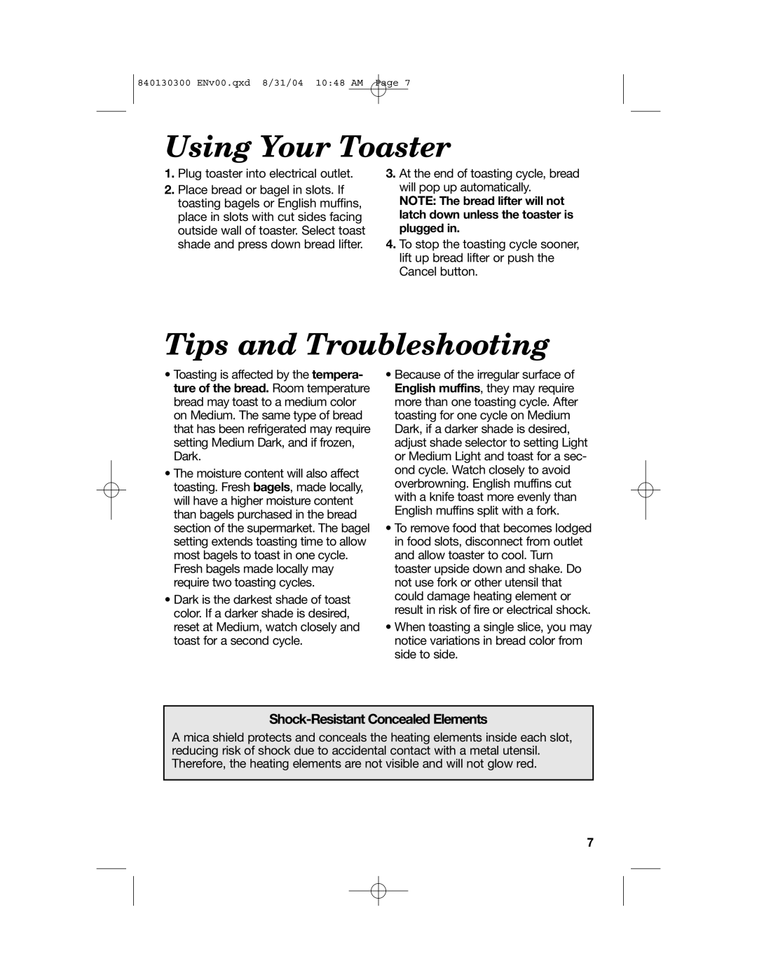 Hamilton Beach All-Metal Toasters manual Using Your Toaster, Tips and Troubleshooting, Shock-ResistantConcealed Elements 
