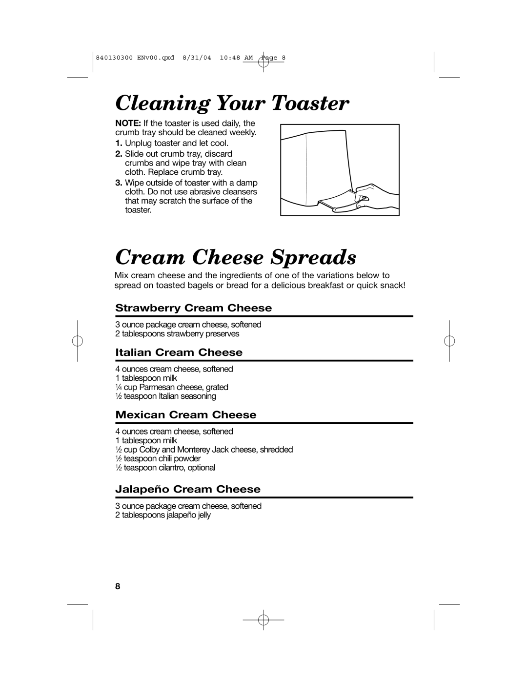 Hamilton Beach All-Metal Toasters manual Cleaning Your Toaster, Cream Cheese Spreads, Strawberry Cream Cheese 