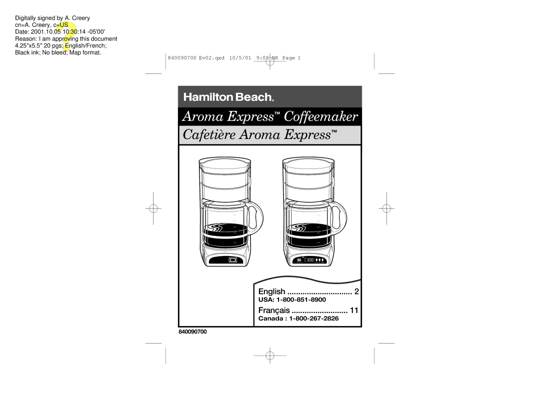 Hamilton Beach Aroma Express manual Usa, Canada 