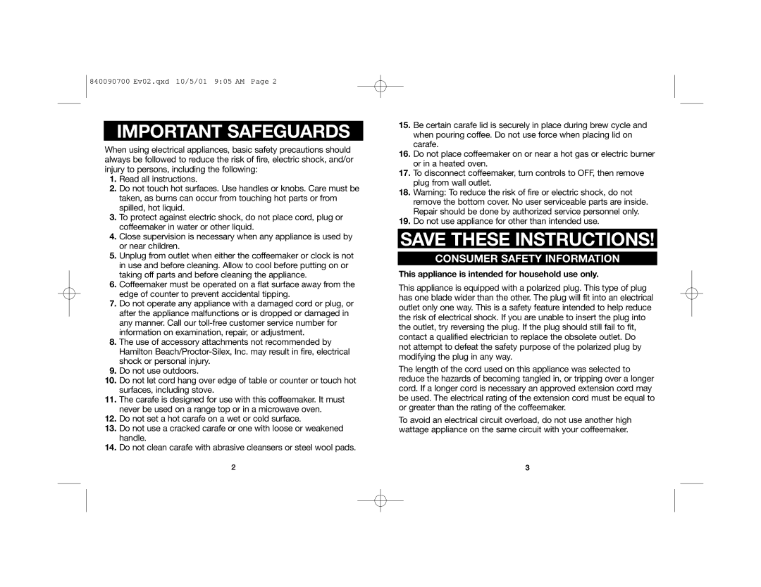 Hamilton Beach Aroma Express manual Important Safeguards, Consumer Safety Information 