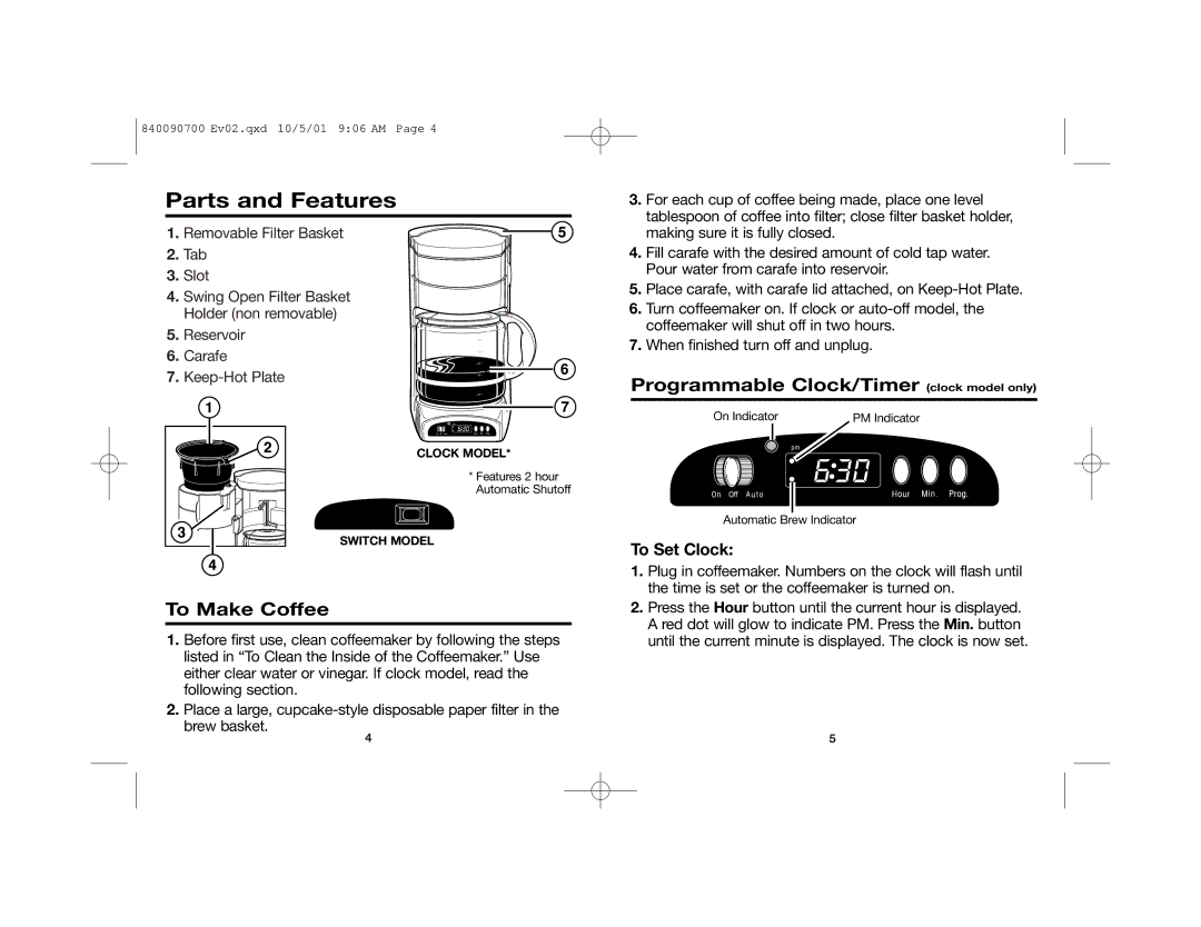 Hamilton Beach Aroma Express Parts and Features, To Make Coffee, Programmable Clock/Timer clock model only, To Set Clock 