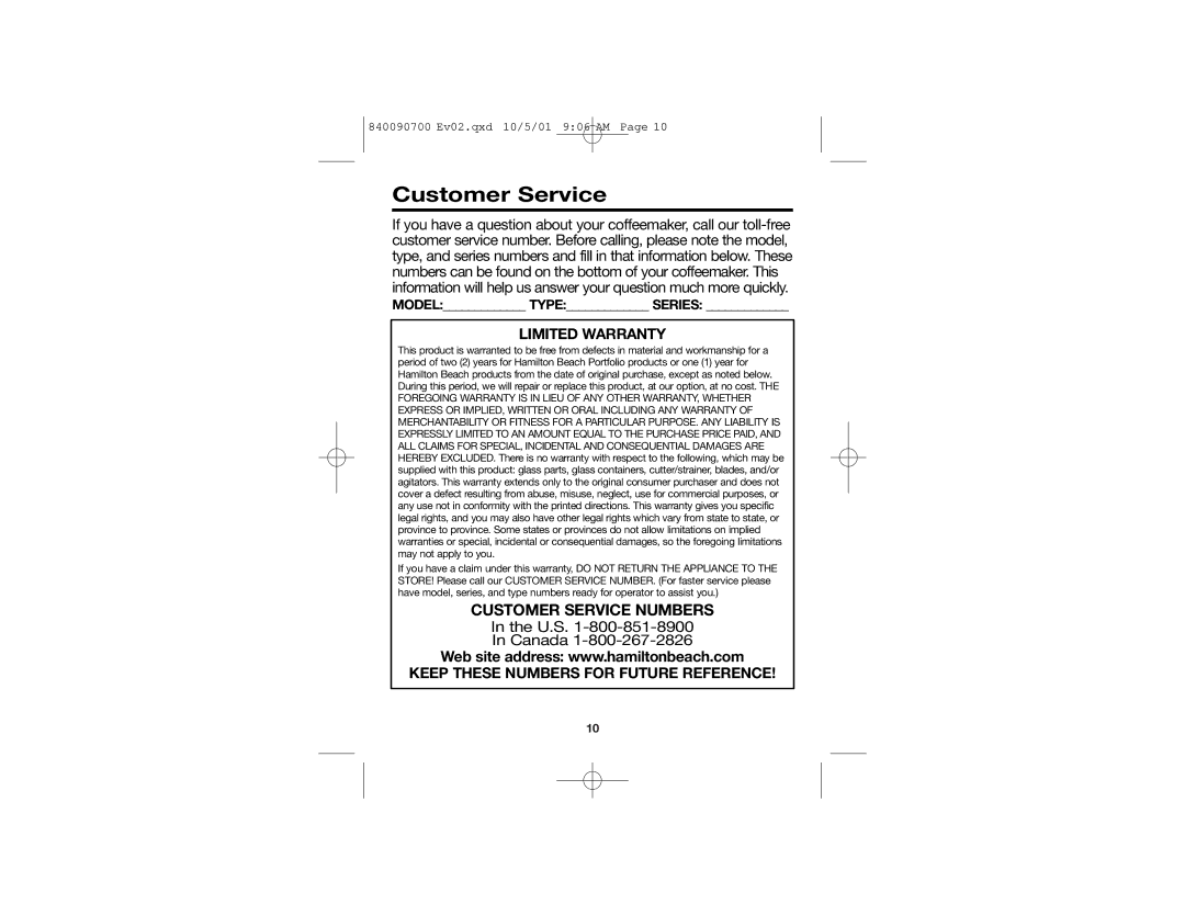 Hamilton Beach Aroma Express manual Customer Service, Limited Warranty 