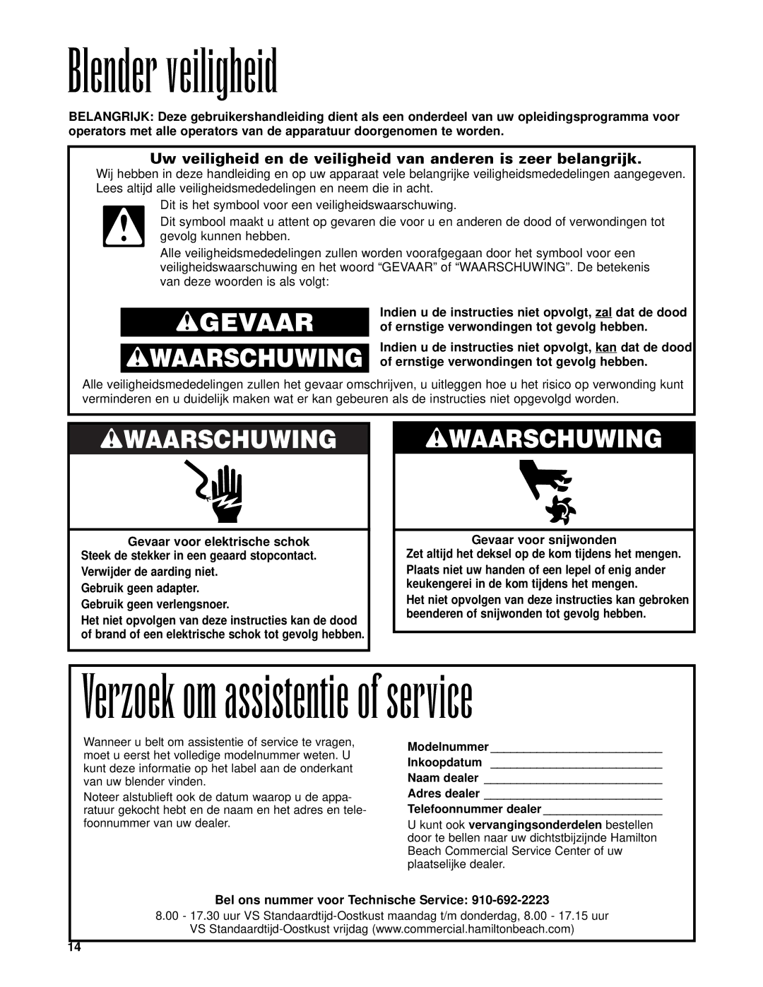 Hamilton Beach Bar Blender operation manual Blender veiligheid, Wgevaar Wwaarschuwing 