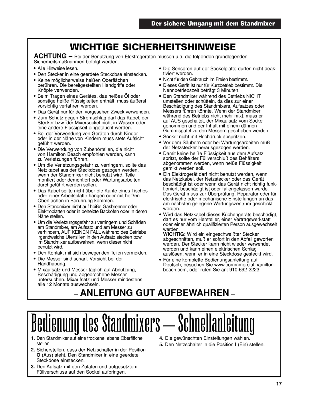 Hamilton Beach Bar Blender operation manual Wichtige Sicherheitshinweise, Anleitung GUT Aufbewahren 