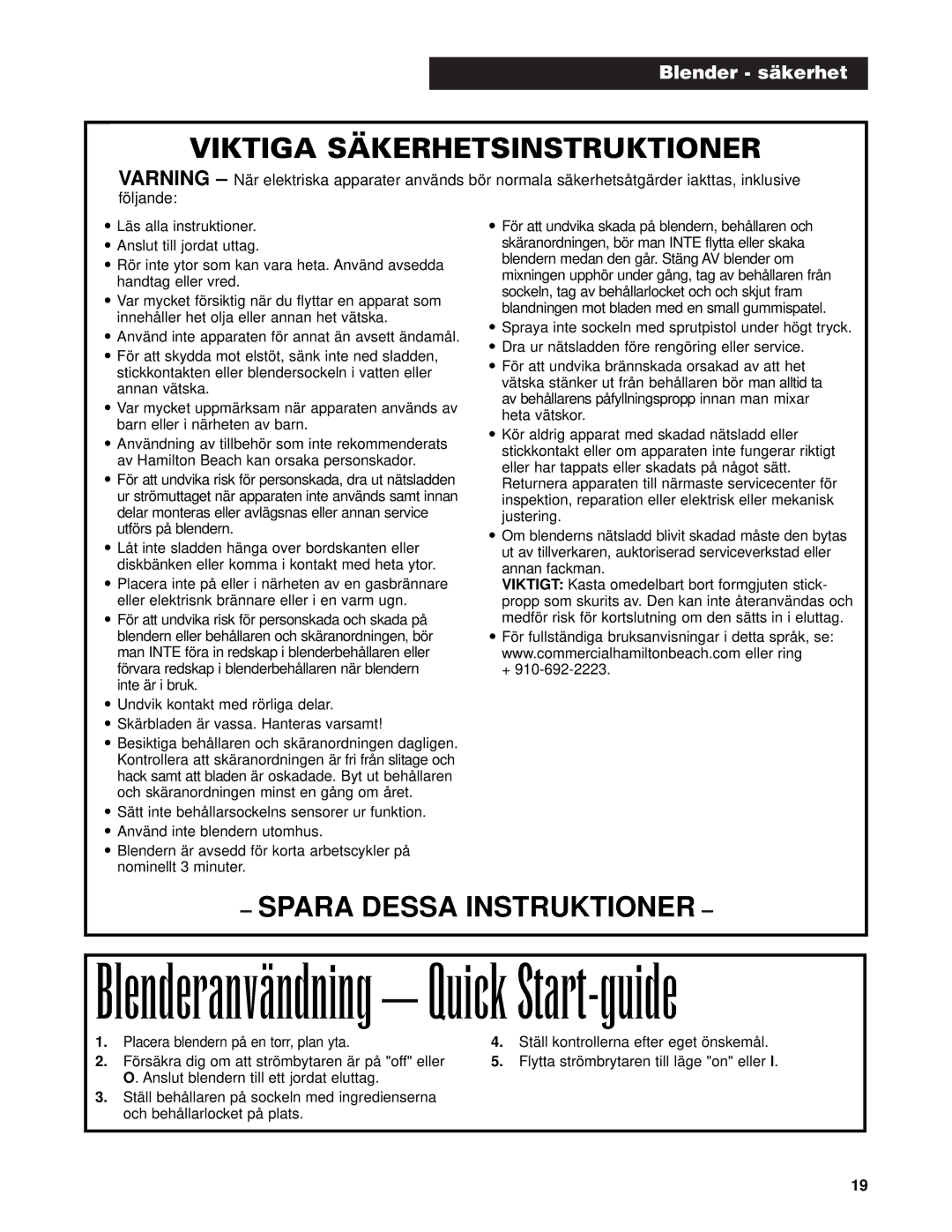 Hamilton Beach Bar Blender operation manual Viktiga Säkerhetsinstruktioner, Spara Dessa Instruktioner 