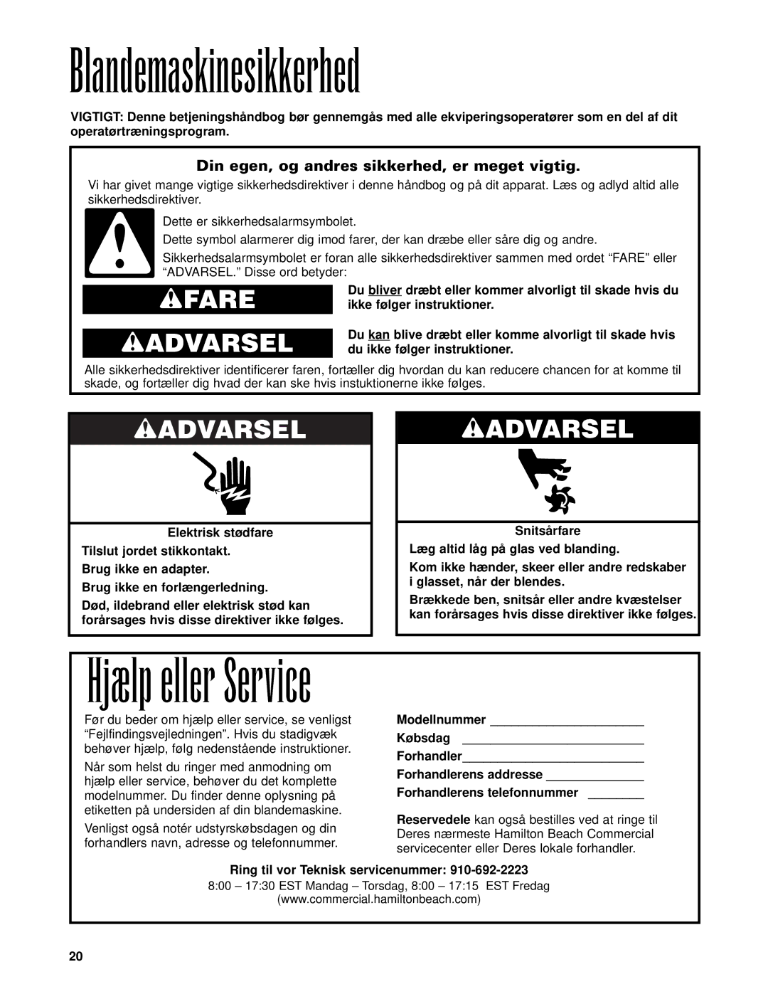 Hamilton Beach Bar Blender operation manual Blandemaskinesikkerhed, Hjælp eller Service, Wfare Wadvarsel 