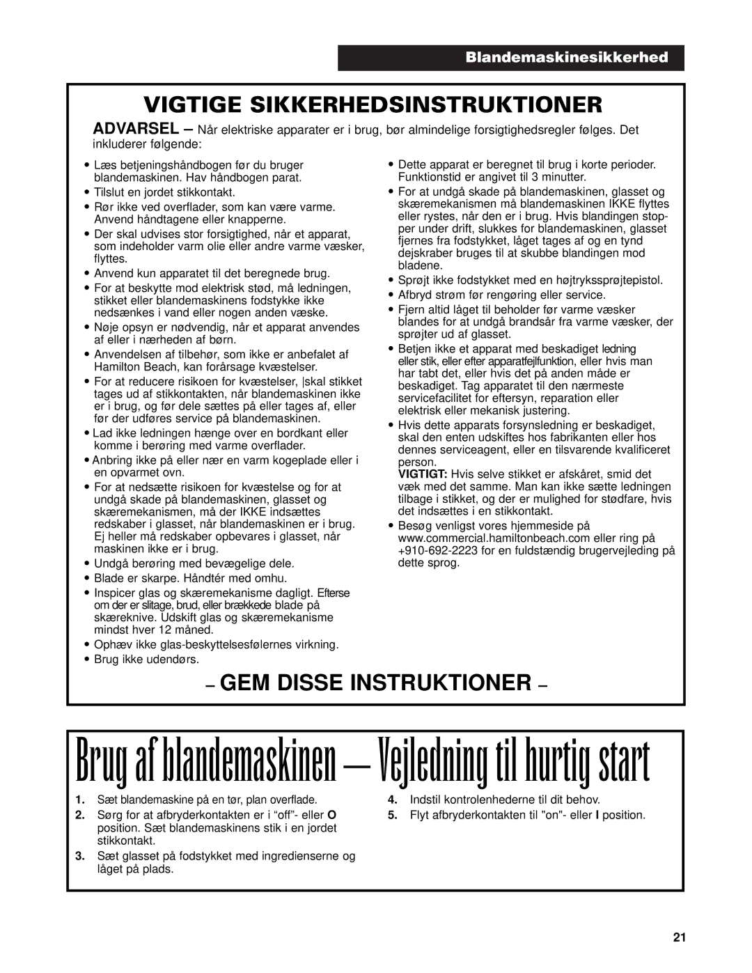 Hamilton Beach Bar Blender operation manual Vigtige Sikkerhedsinstruktioner, GEM Disse Instruktioner 