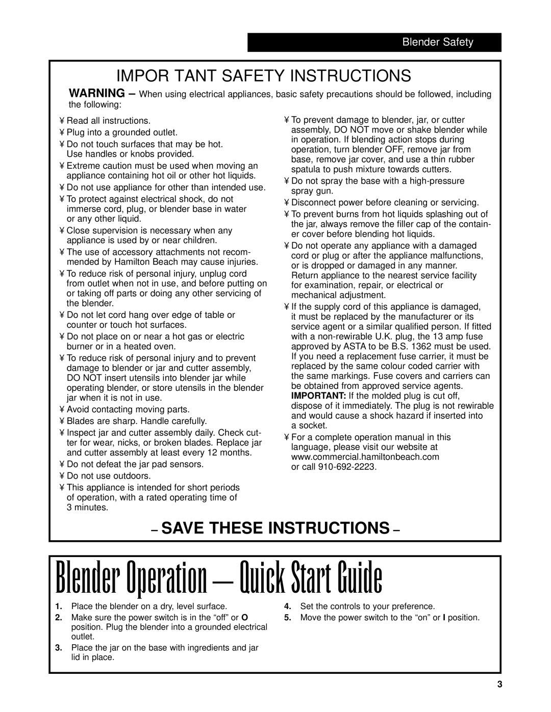 Hamilton Beach Bar Blender operation manual Blender Operation Quick Start Guide, Important Safety Instructions 