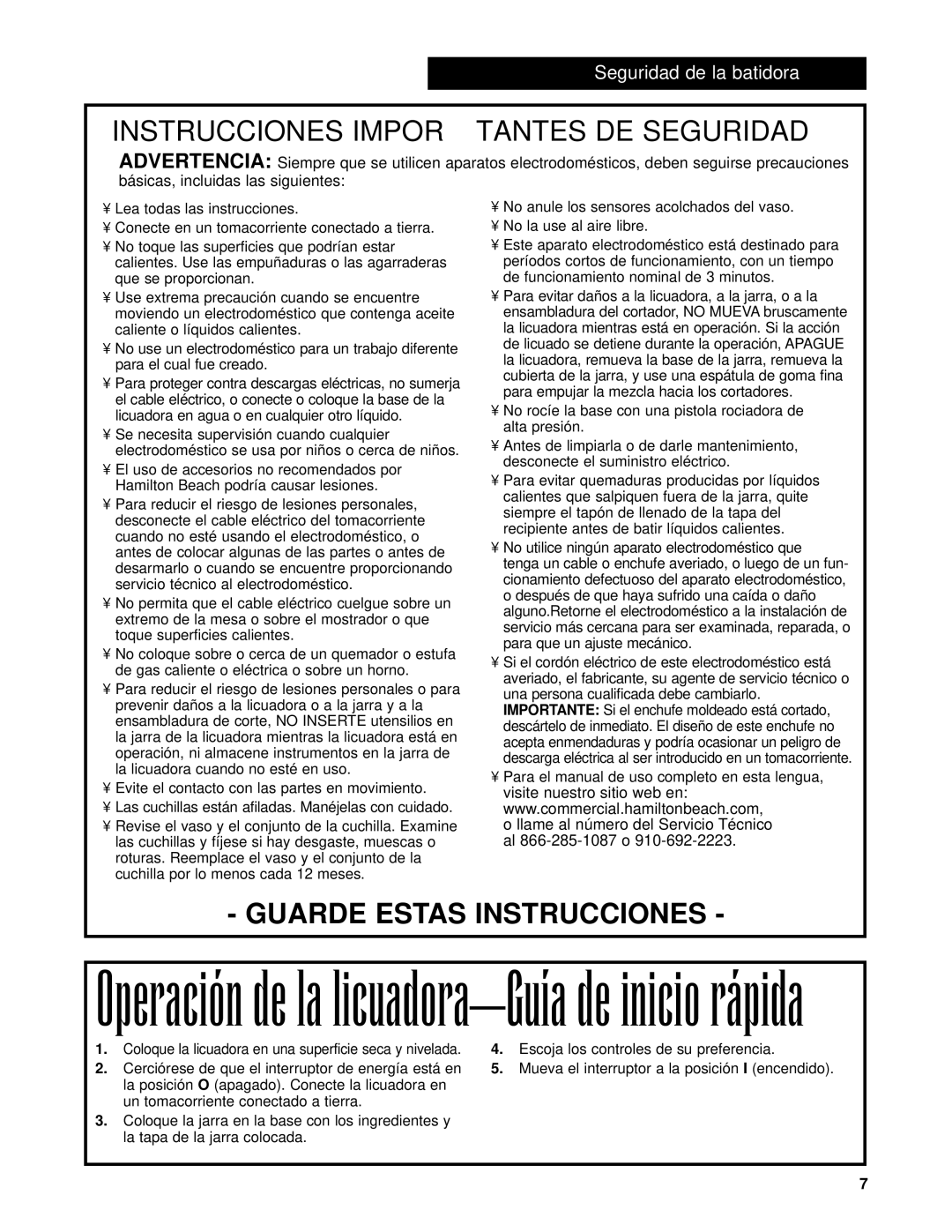 Hamilton Beach Bar Blender operation manual Instrucciones Importantes DE Seguridad, Guarde Estas Instrucciones 