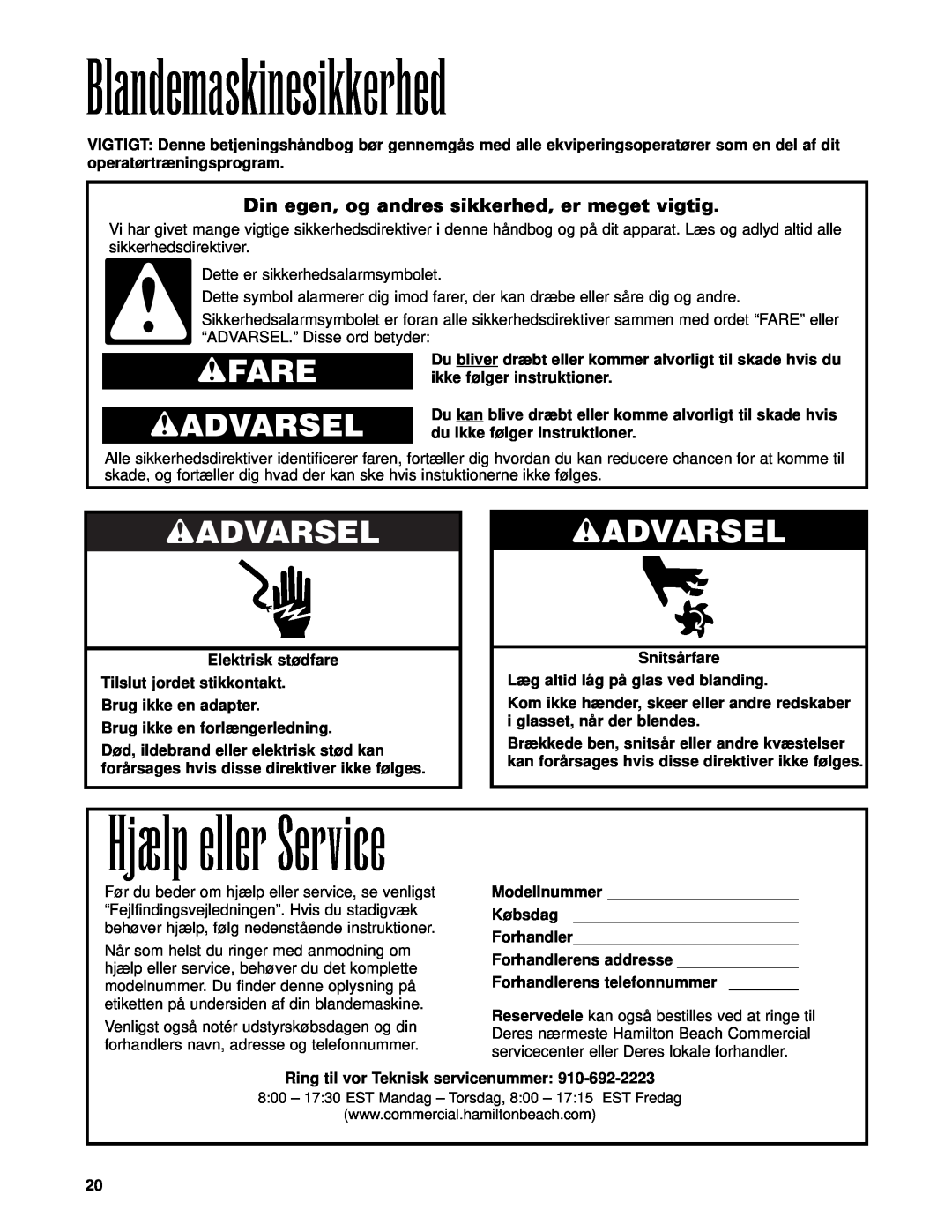 Hamilton Beach Bar Blender operation manual Blandemaskinesikkerhed, Hjælp eller Service, wFARE wADVARSEL 