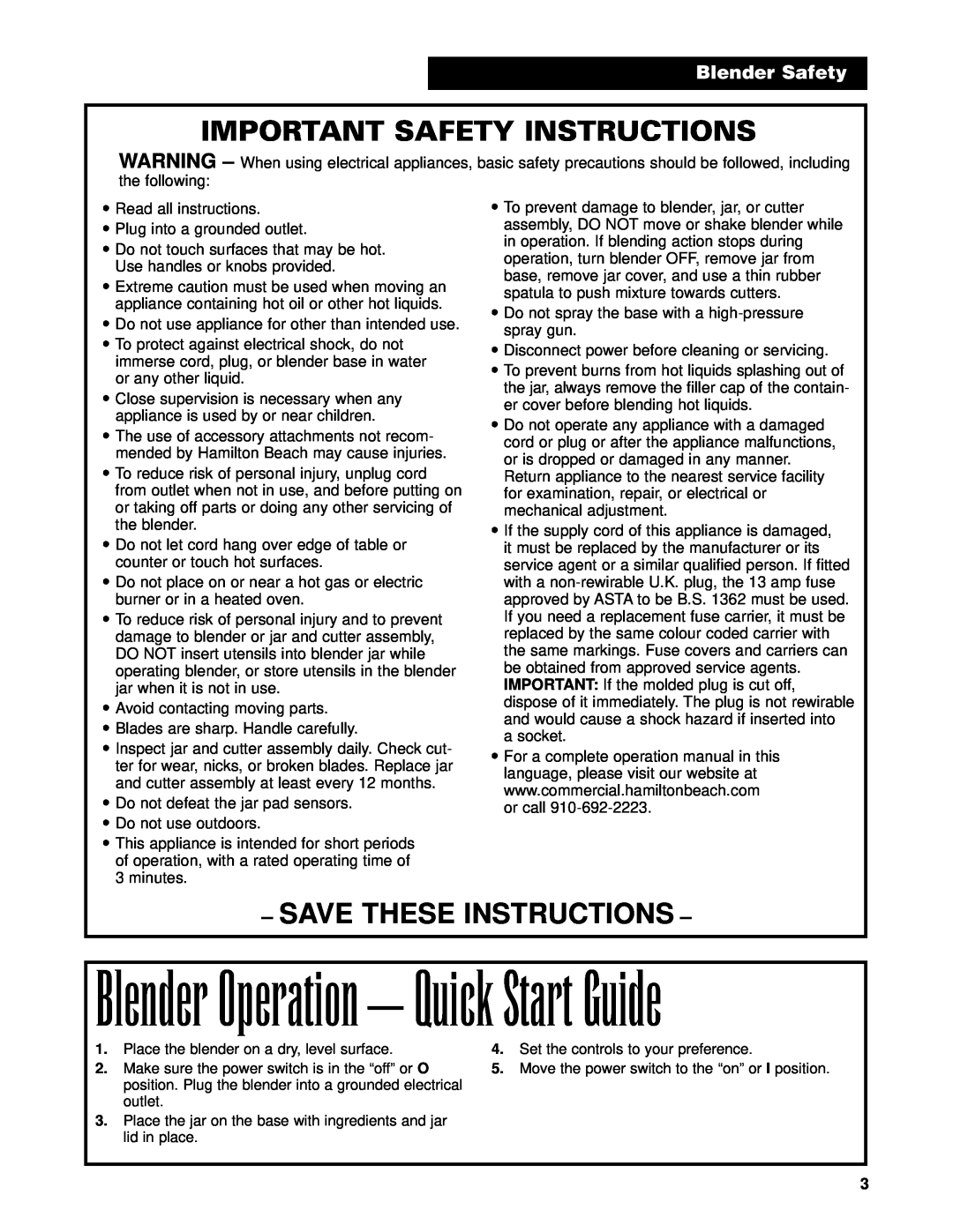 Hamilton Beach Bar Blender Blender Operation - Quick Start Guide, Important Safety Instructions, Savethese Instructions 