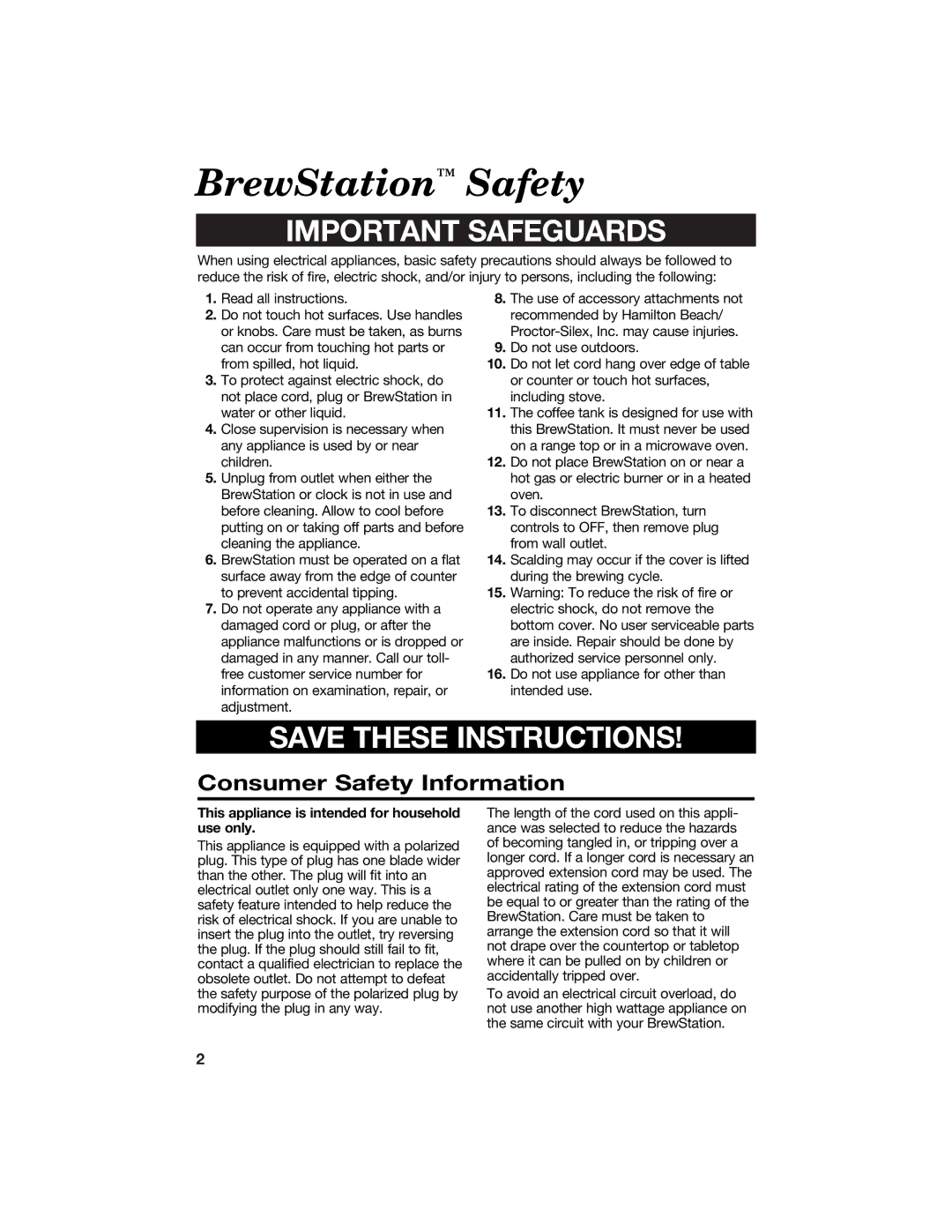 Hamilton Beach manual BrewStation Safety, Important Safeguards 