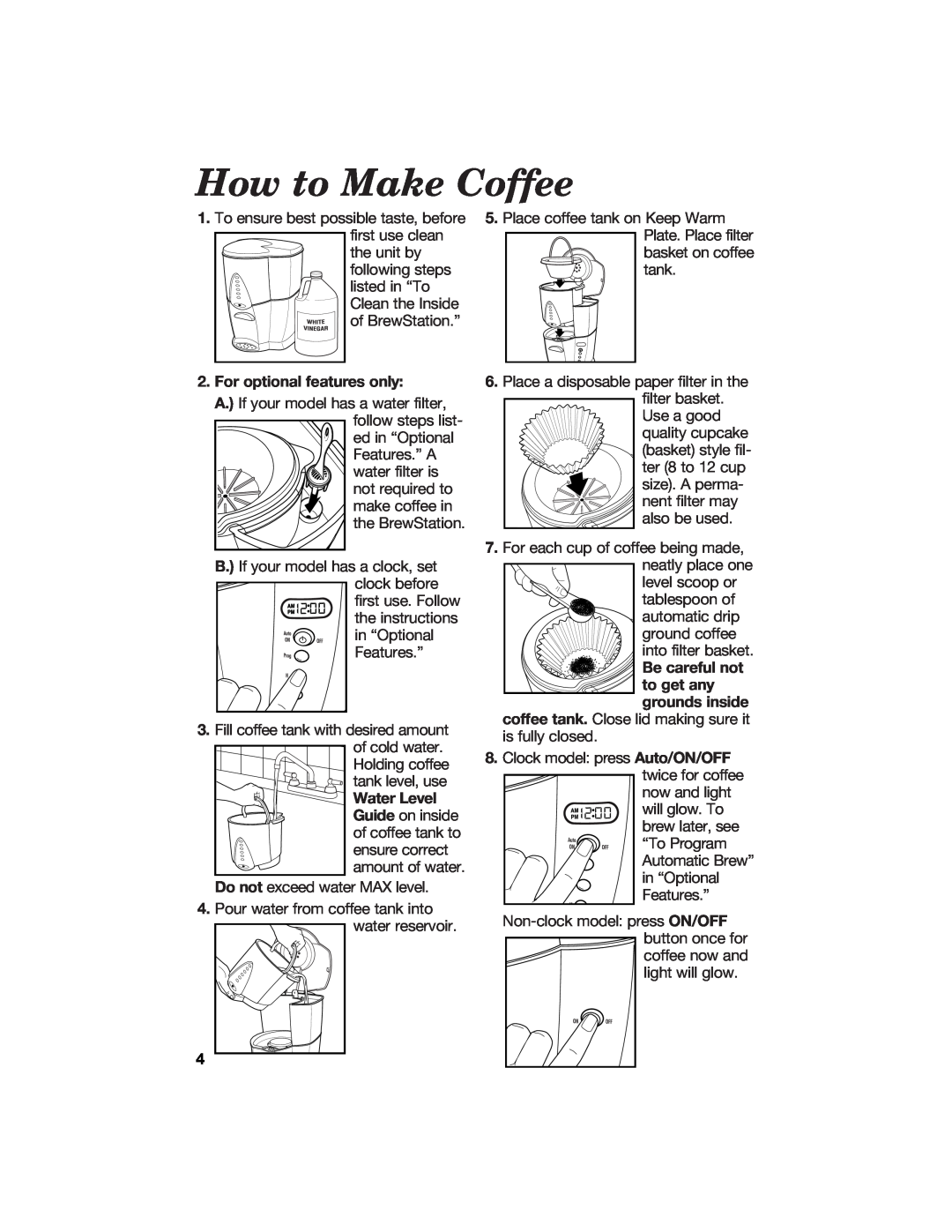 Hamilton Beach BrewStation manual How to Make Coffee, For optional features only, Water Level 