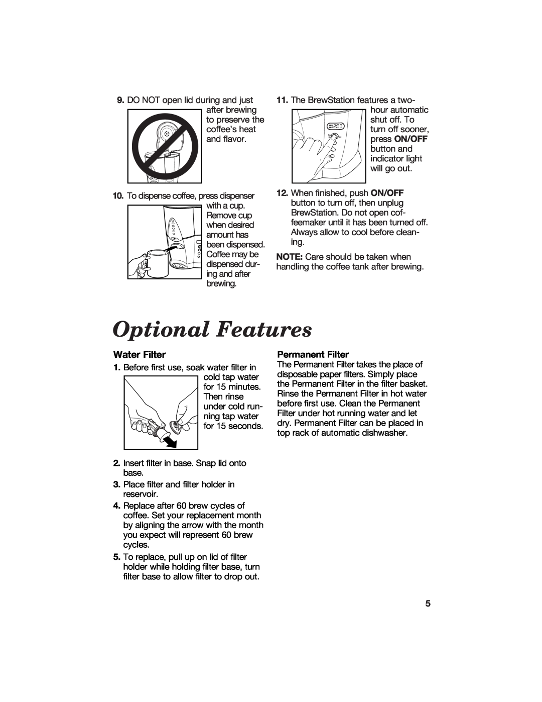 Hamilton Beach BrewStation manual Optional Features, Water Filter, Permanent Filter 
