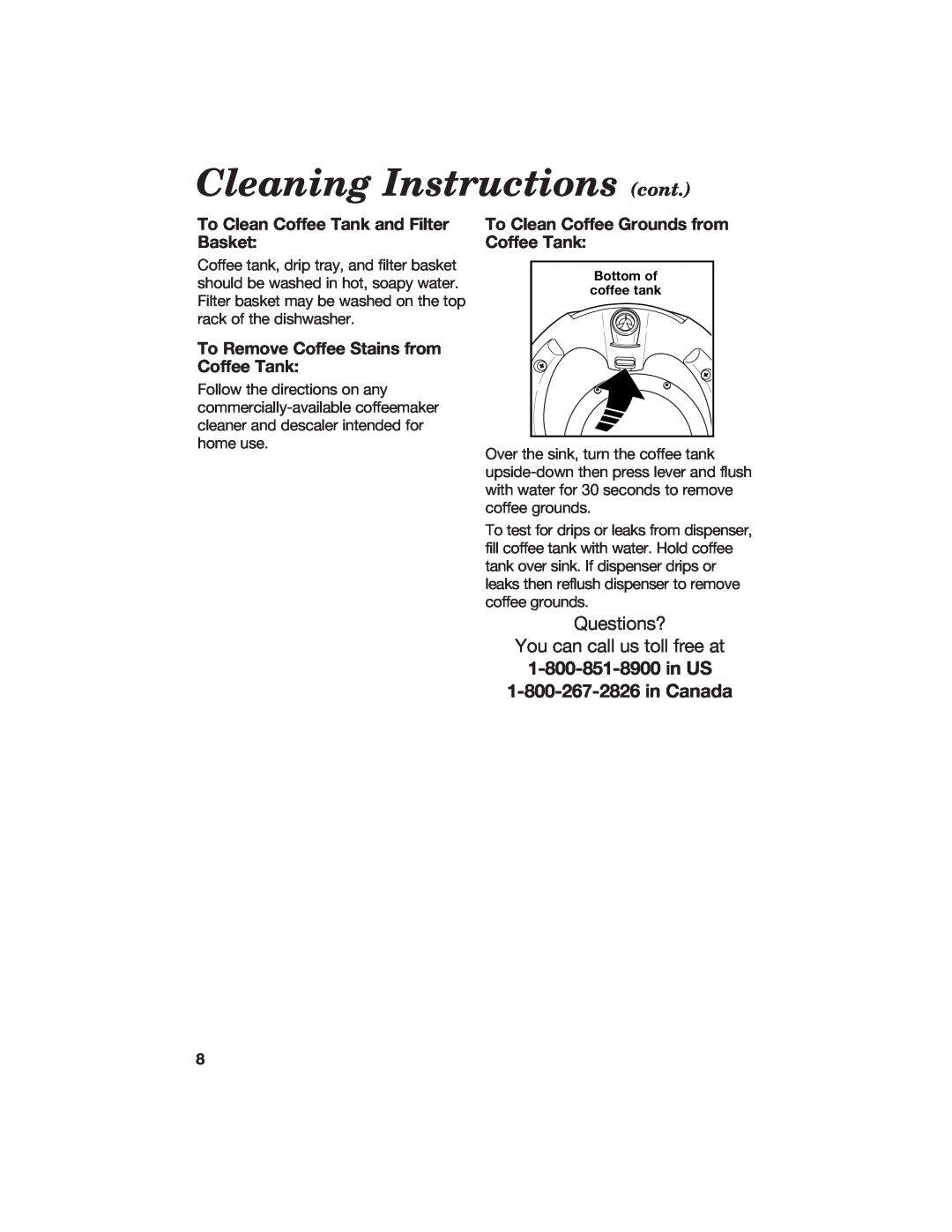 Hamilton Beach BrewStation manual Cleaning Instructions cont, To Clean Coffee Tank and Filter Basket 