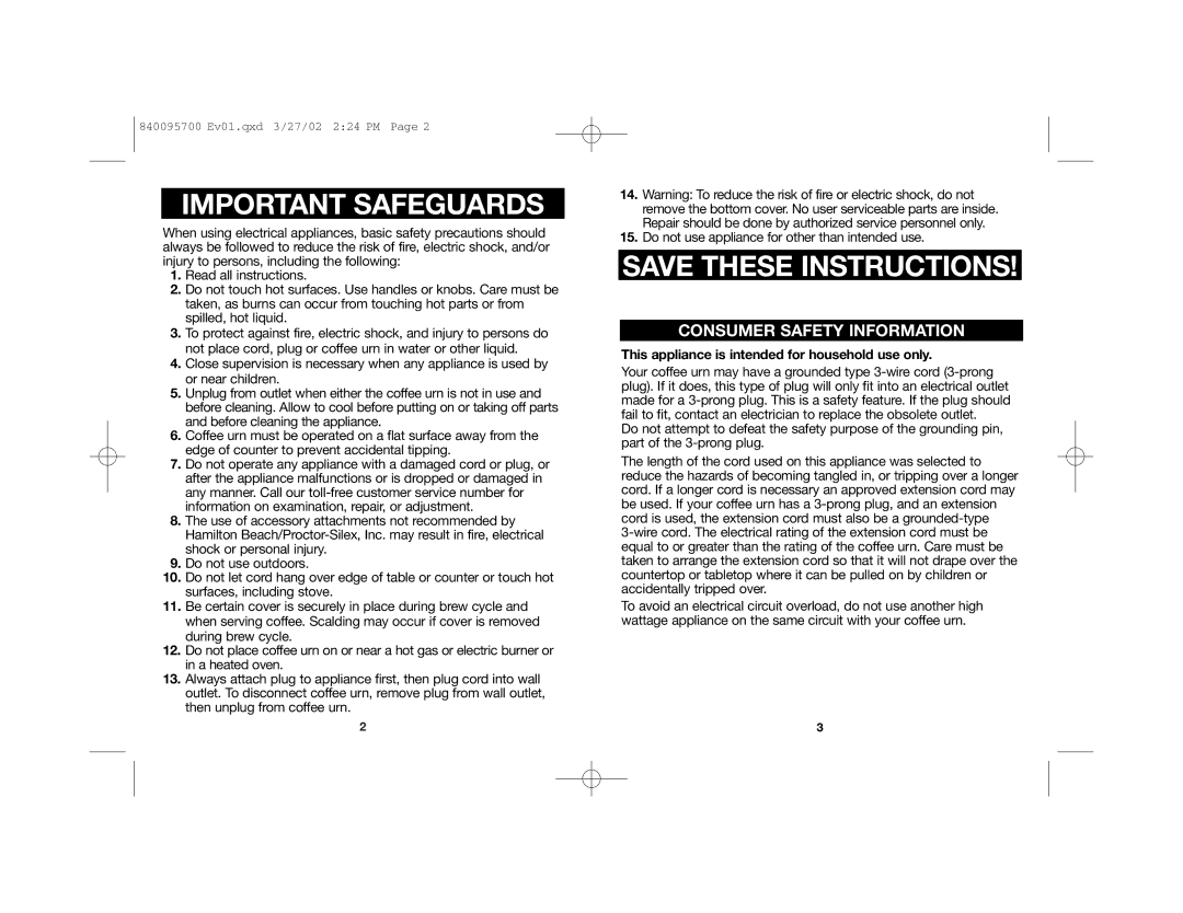 Hamilton Beach c40515 manual Important Safeguards 