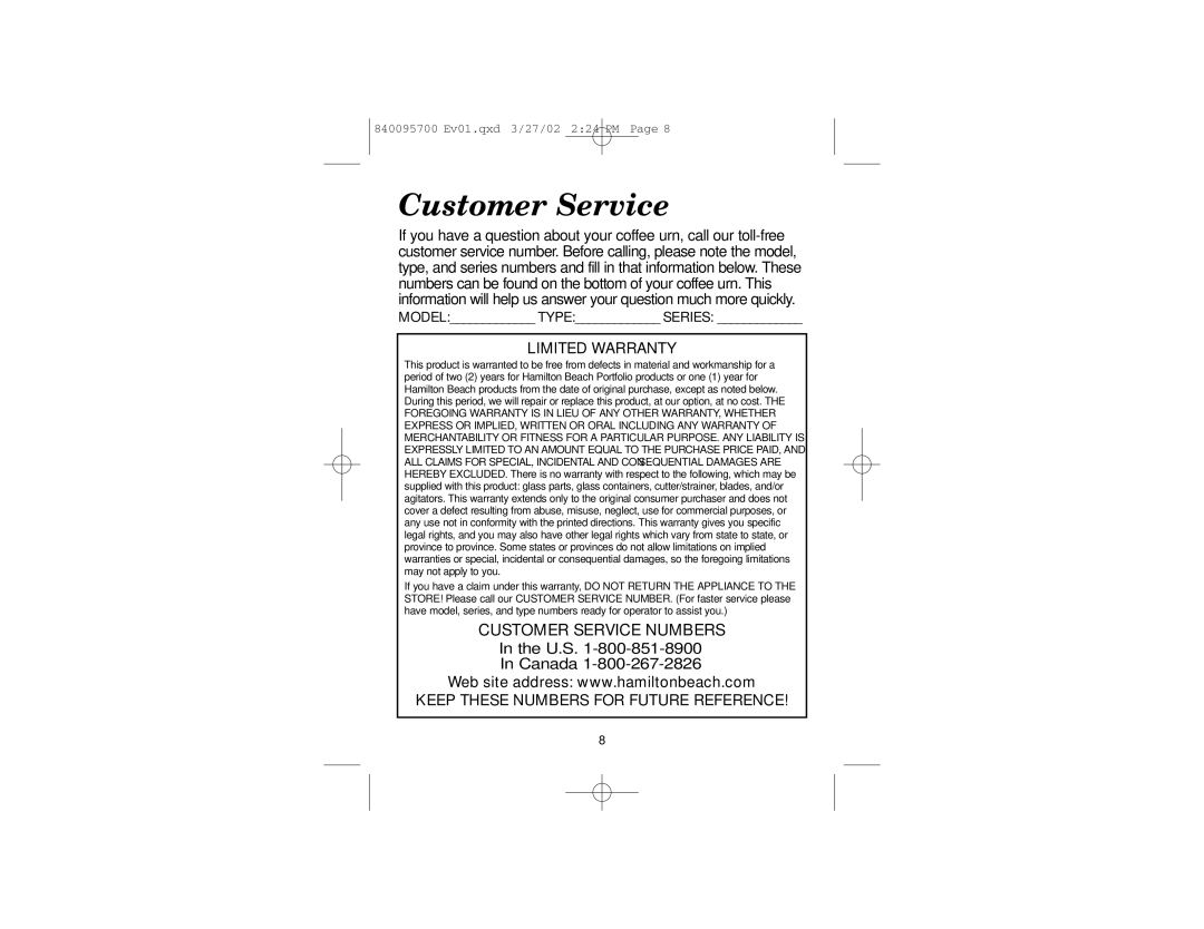 Hamilton Beach c40515 manual Customer Service 