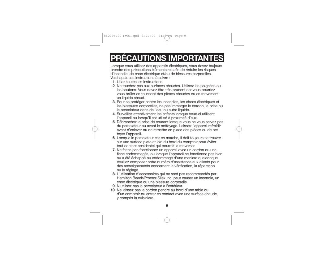 Hamilton Beach c40515 manual Précautions Importantes 