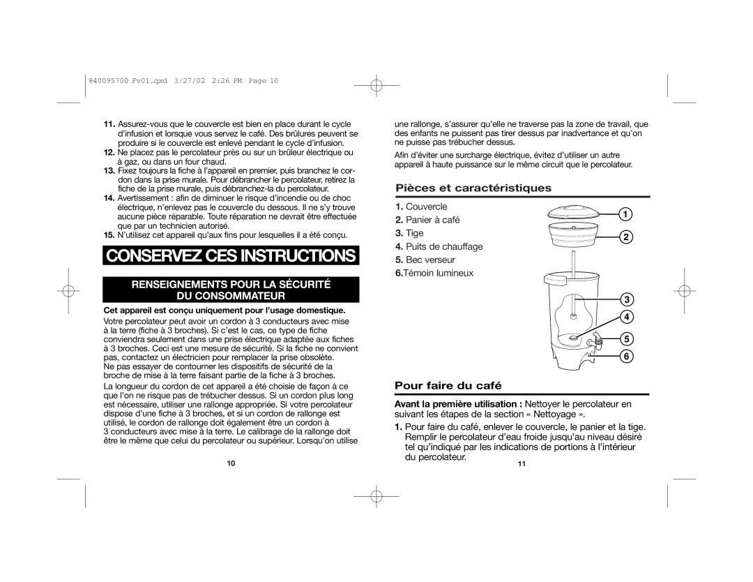 Hamilton Beach c40515 manual Pièces et caractéristiques, Pour faire du café 