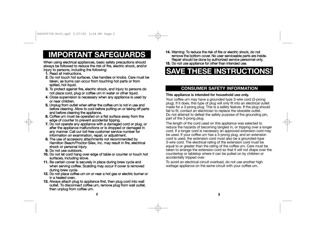Hamilton Beach c40515 manual Important Safeguards, Save These Instructions, Consumer Safety Information 