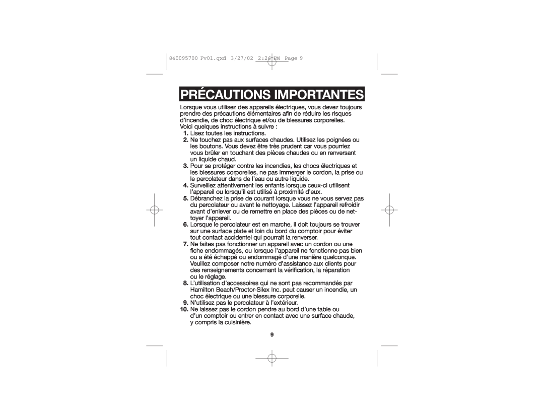 Hamilton Beach c40515 manual Précautions Importantes 