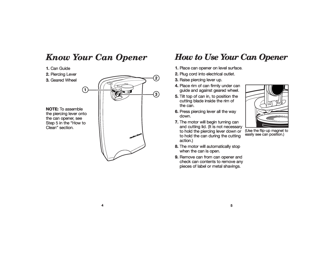 Hamilton Beach Can Opener 840064900 manual Know Your Can Opener, How to Use Your Can Opener 