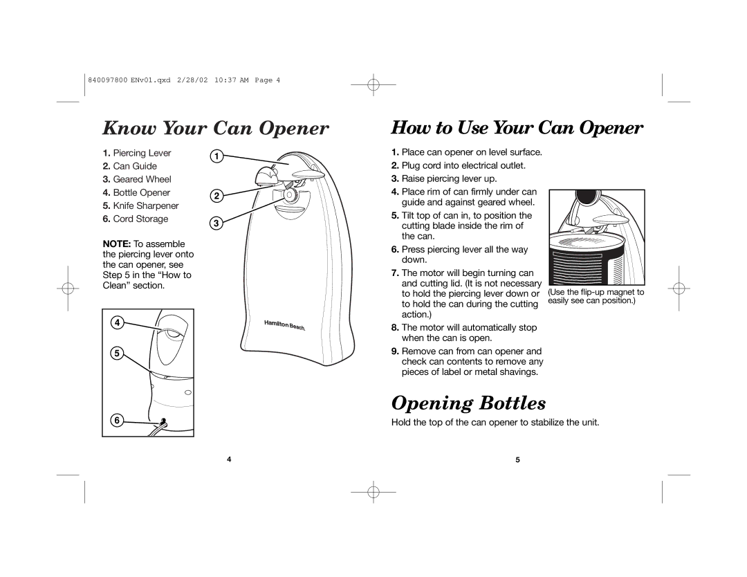 Hamilton Beach Can Openers manual Know Your Can Opener, Opening Bottles, How to Use Your Can Opener 