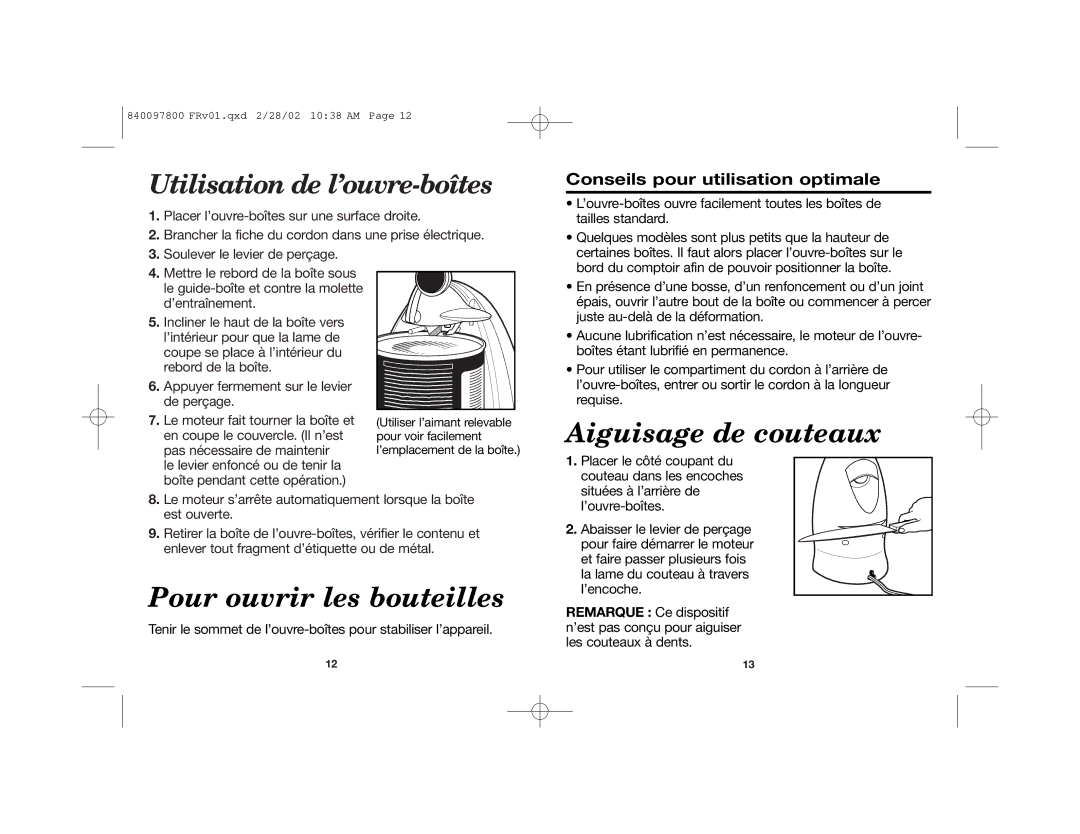 Hamilton Beach Can Openers manual Aiguisage de couteaux, Pour ouvrir les bouteilles, Utilisation de l’ouvre-boîtes 