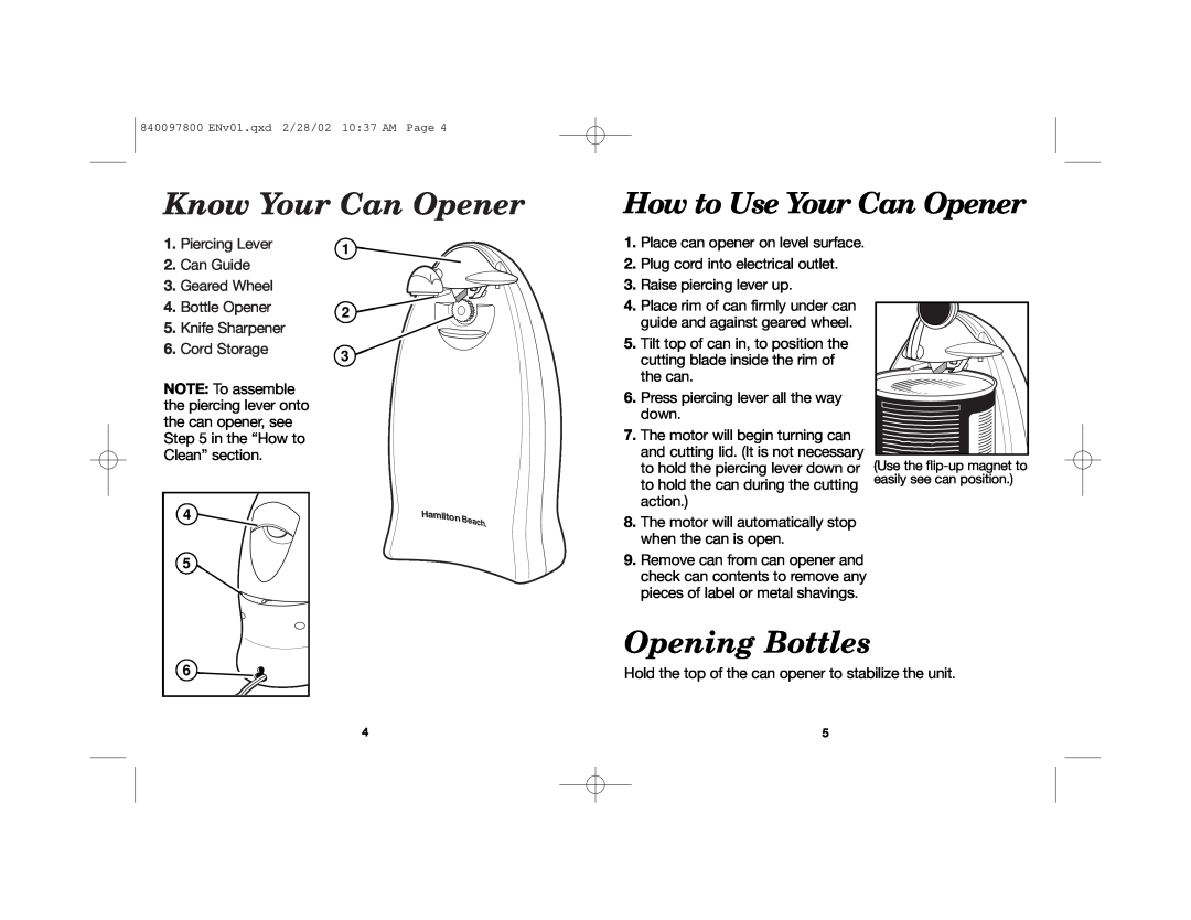 Hamilton Beach Can Openers manual Know Your Can Opener, Opening Bottles, How to Use Your Can Opener 