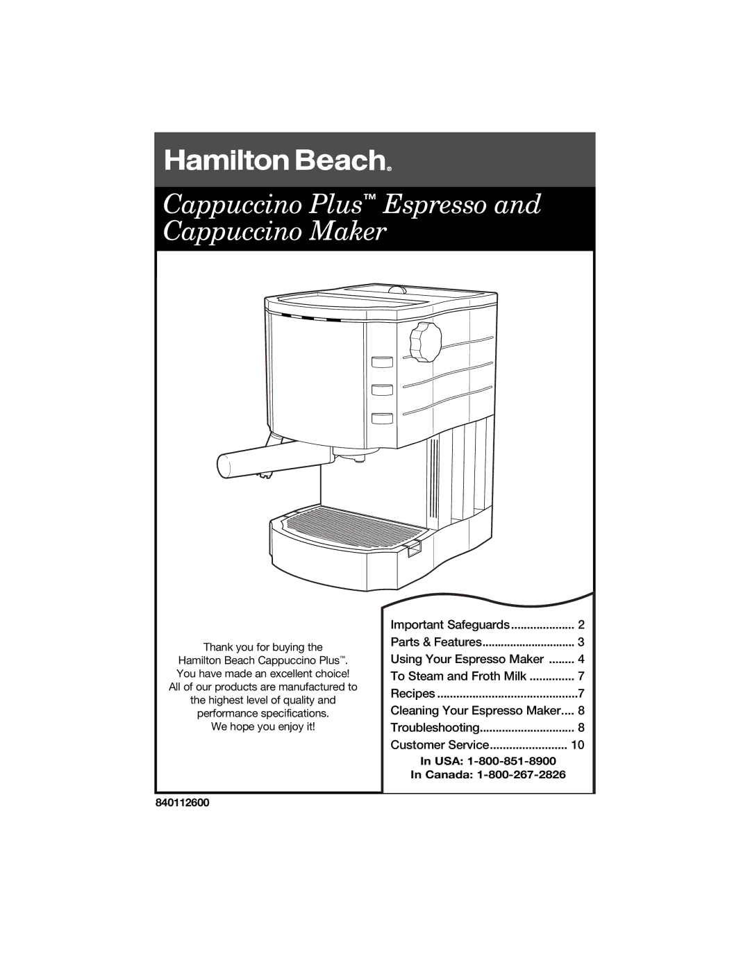 Hamilton Beach specifications Cappuccino Plus Espresso and Cappuccino Maker 