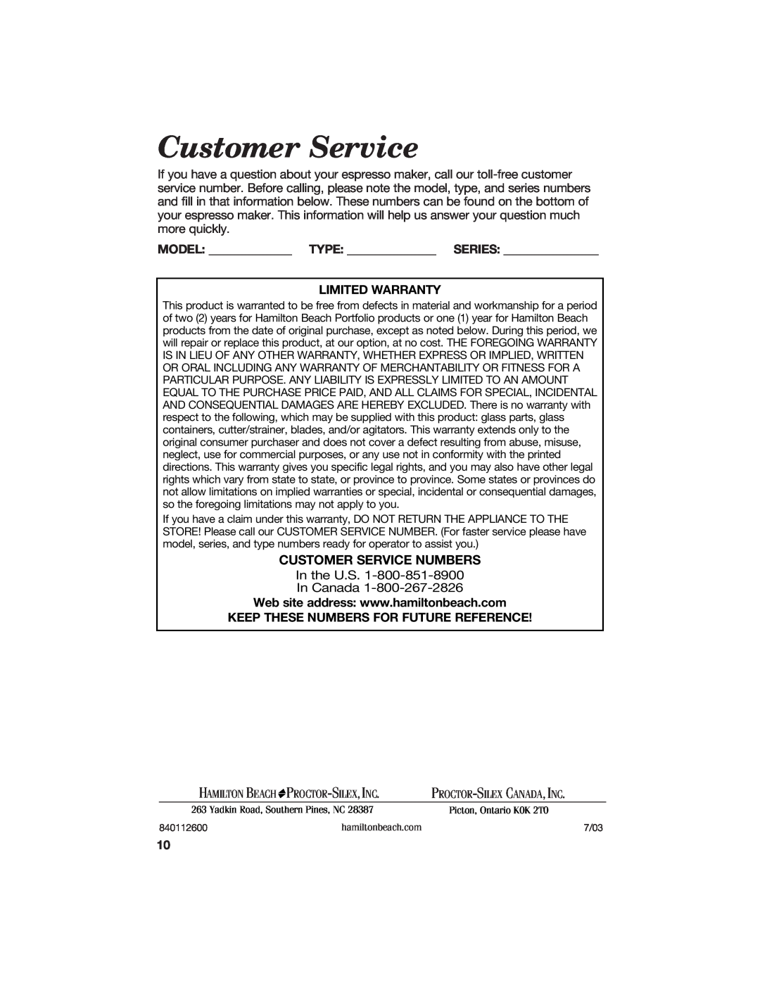 Hamilton Beach Cappuccino Plus specifications Customer Service Numbers, Hamilton Beach, Proctor-Silex,Inc 