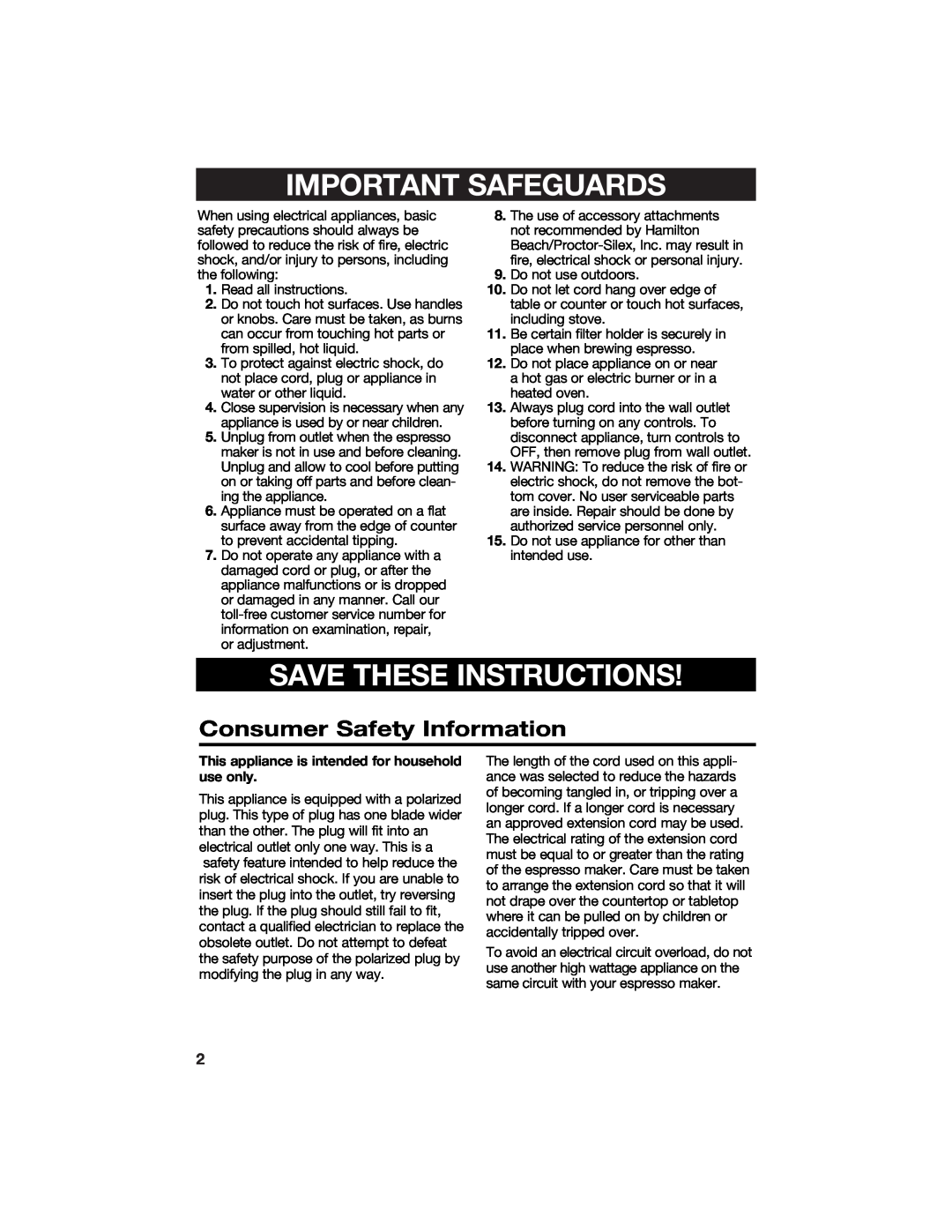 Hamilton Beach Cappuccino Plus specifications Consumer Safety Information, Important Safeguards, Save These Instructions 