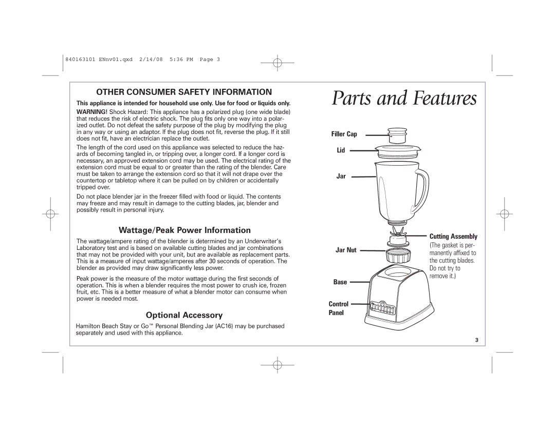 Hamilton Beach Classic Chrome Blender manual Parts and Features, Wattage/Peak Power Information 