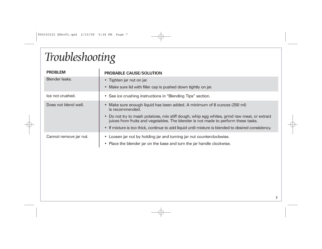 Hamilton Beach Classic Chrome Blender manual Troubleshooting, Problem, Probable CAUSE/SOLUTION 